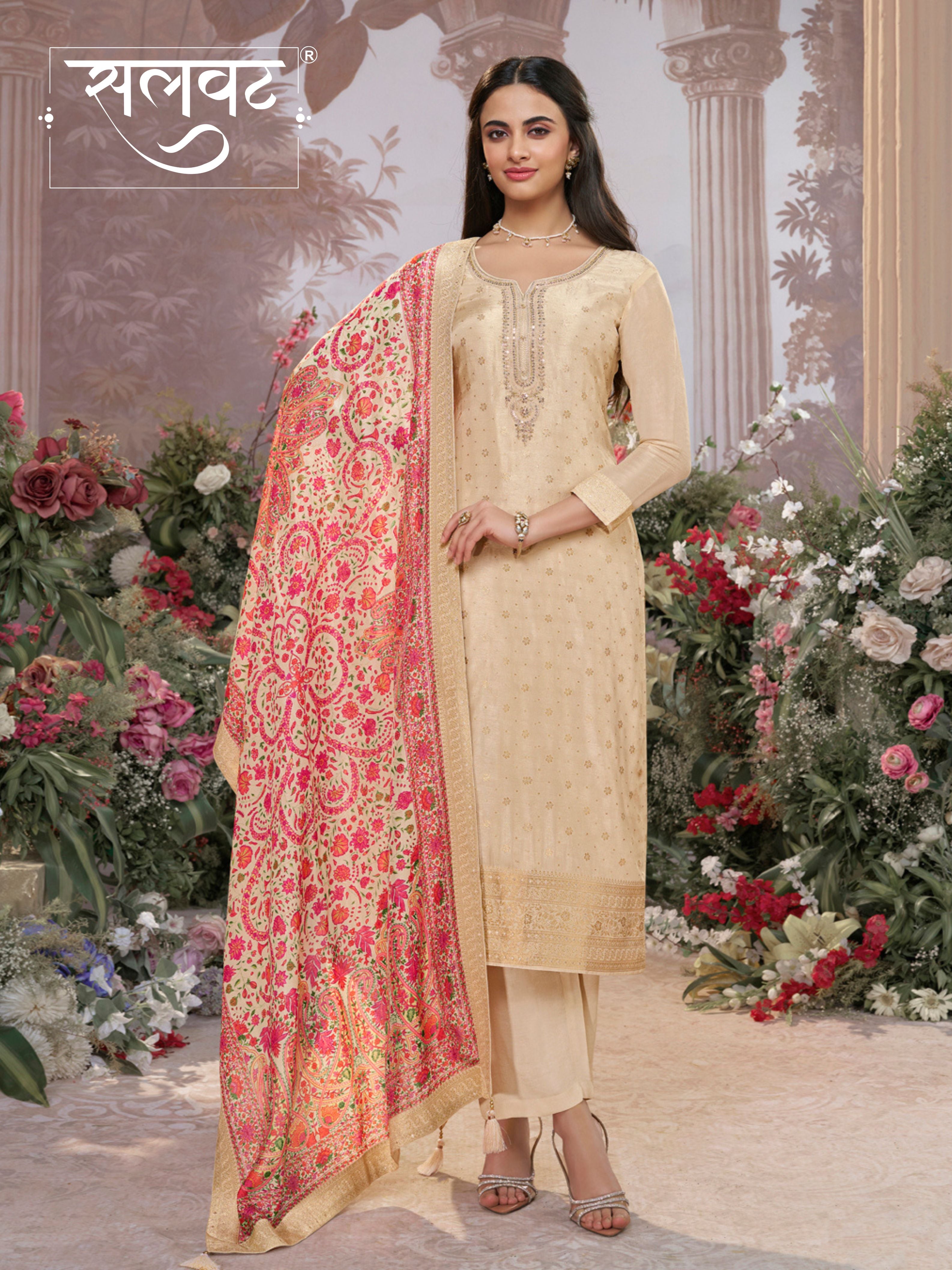 Off-White Dola Silk Kurta Set with Jacquard Detailing and Intricate Embroidery, Paired with a Cherry Silk Dupatta