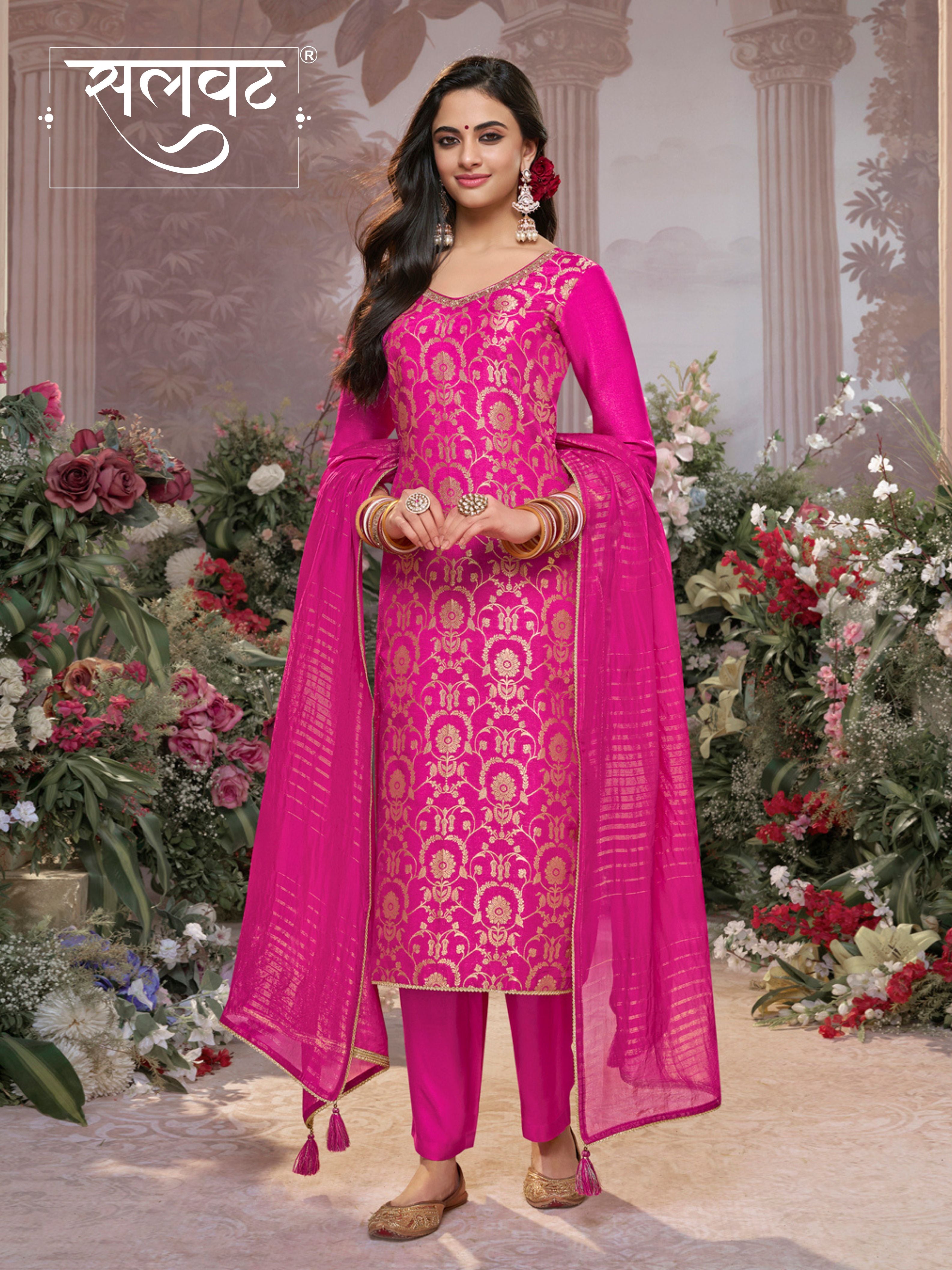 Pink Chinon Kurta Set with Jacquard and Zari Work, Paired with an Organza Dupatta