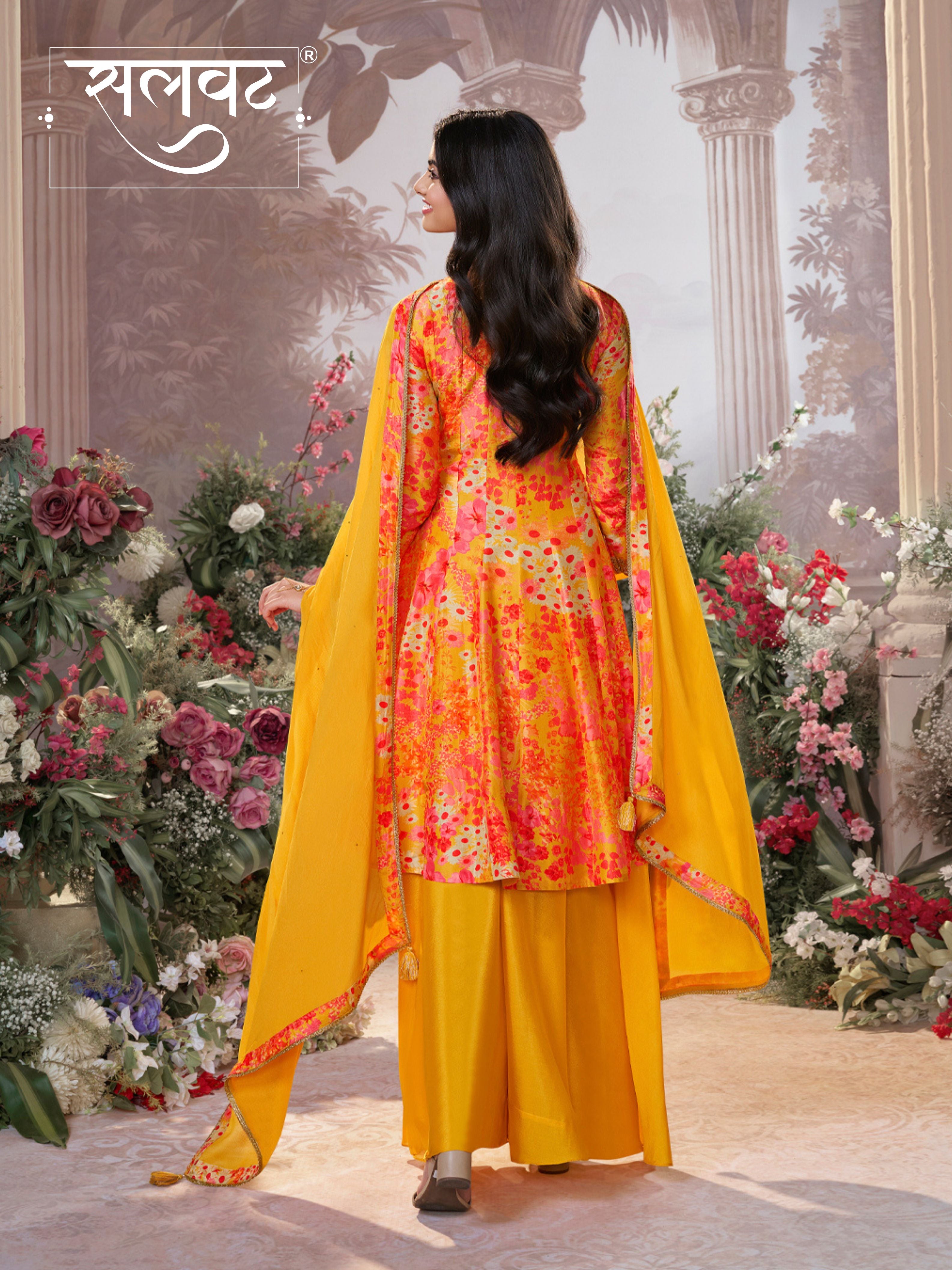 Mustard Russian Silk Mirror Work Sharara Set paired with Chinon Dupatta with Digital Printed Borders