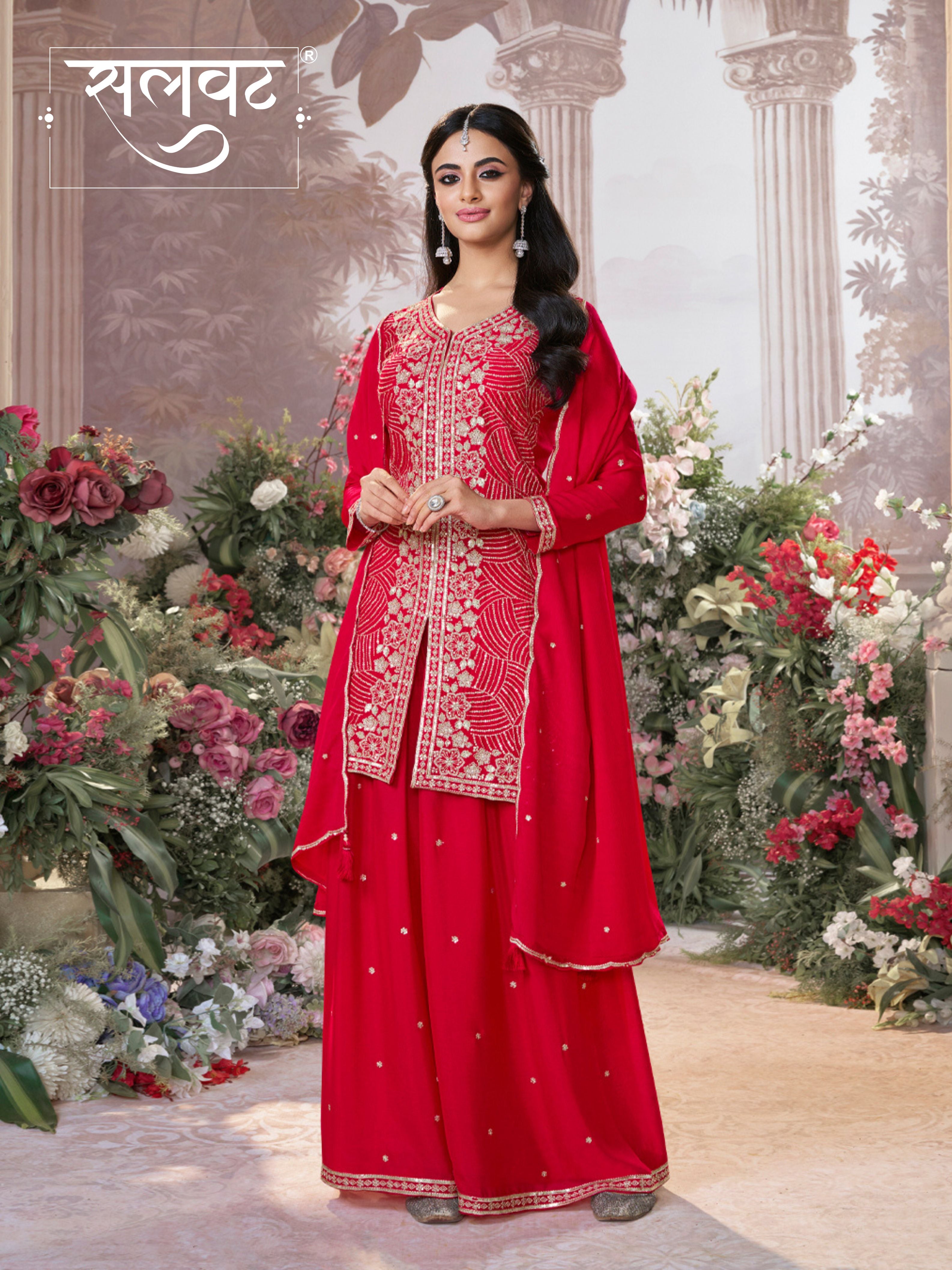 Red Chinon Embroidered Sharara Suit with Butti Work and Sequins Scalloped Border Dupatta