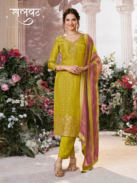 Yellow Dola Silk Kurta Set with Jacquard Detailing and Intricate Embroidery, Paired with a Cherry Silk Dupatta
