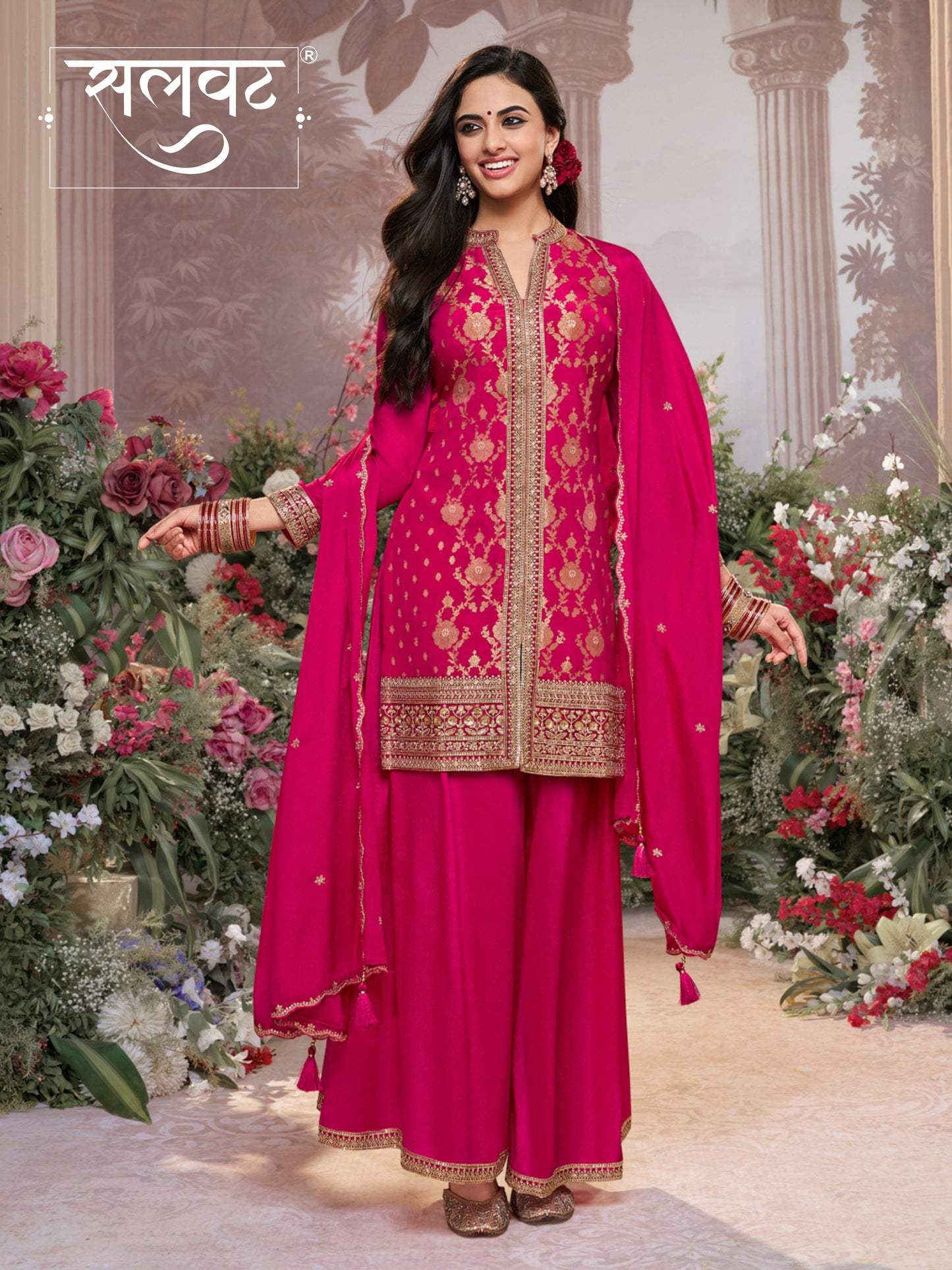 Hot Pink Chinon Kurta Set with Heavy Jacquard Work Paired with Chinon Dupatta with Embroidered Work.