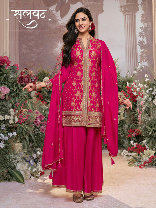 Hot Pink Chinon Kurta Set with Heavy Jacquard Work Paired with Chinon Dupatta with Embroidered Work.
