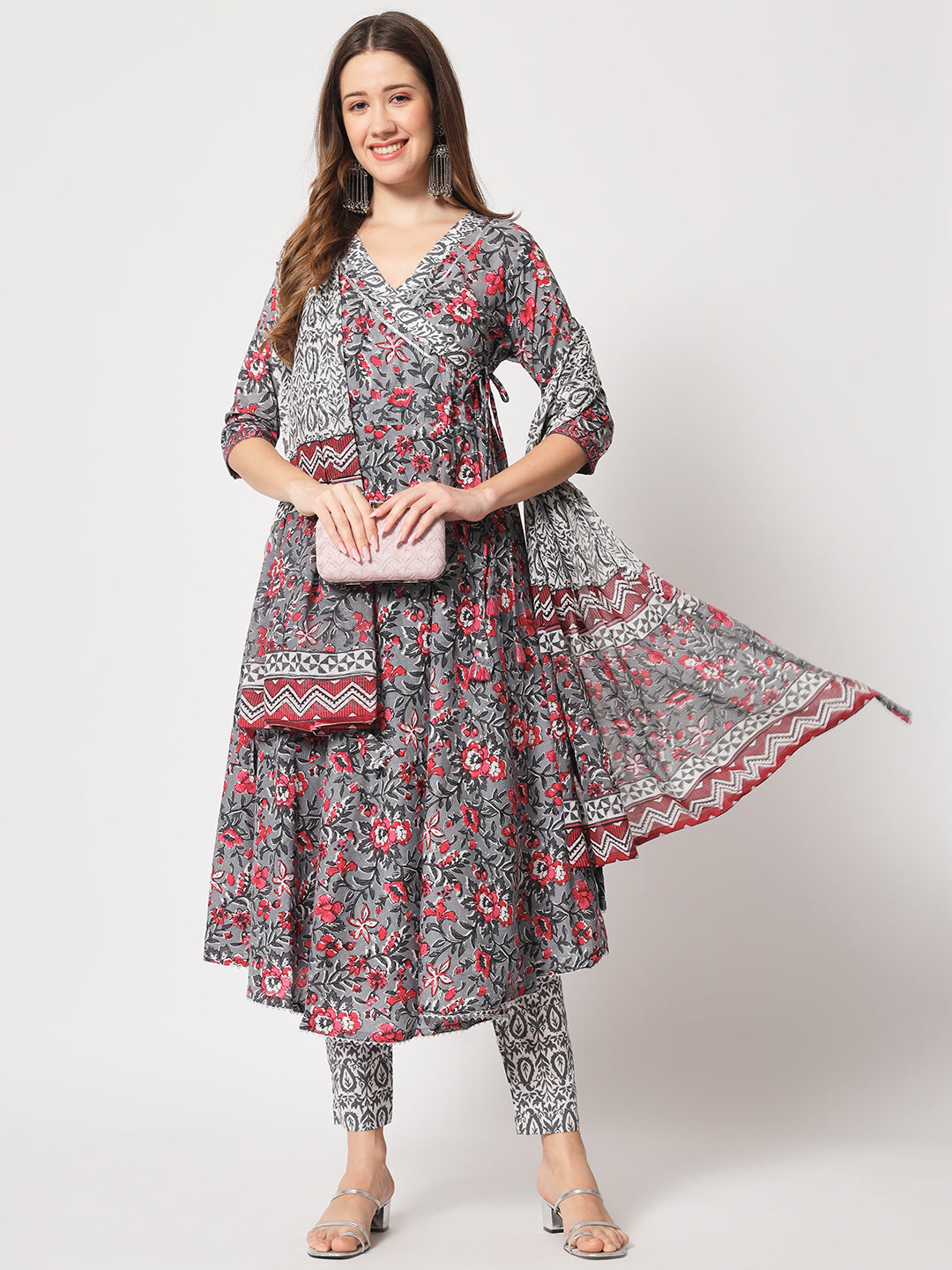 Steel Grey and Fandango Handprinted Angrakha Kurta Set