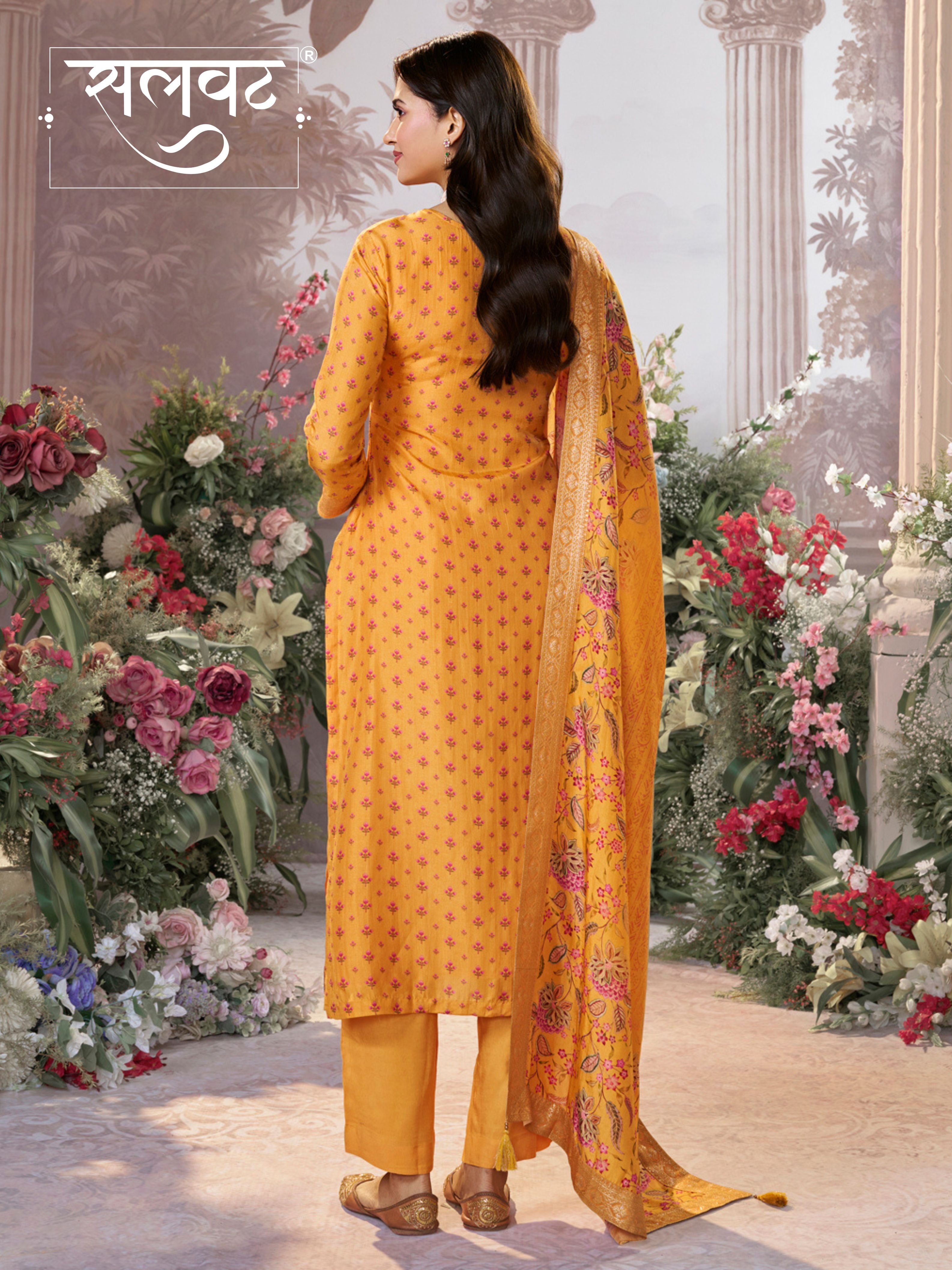 Yellow Russian Silk Kurta Set with Digital Print Work Paired with Russian Silk Digital Printed Duppatta