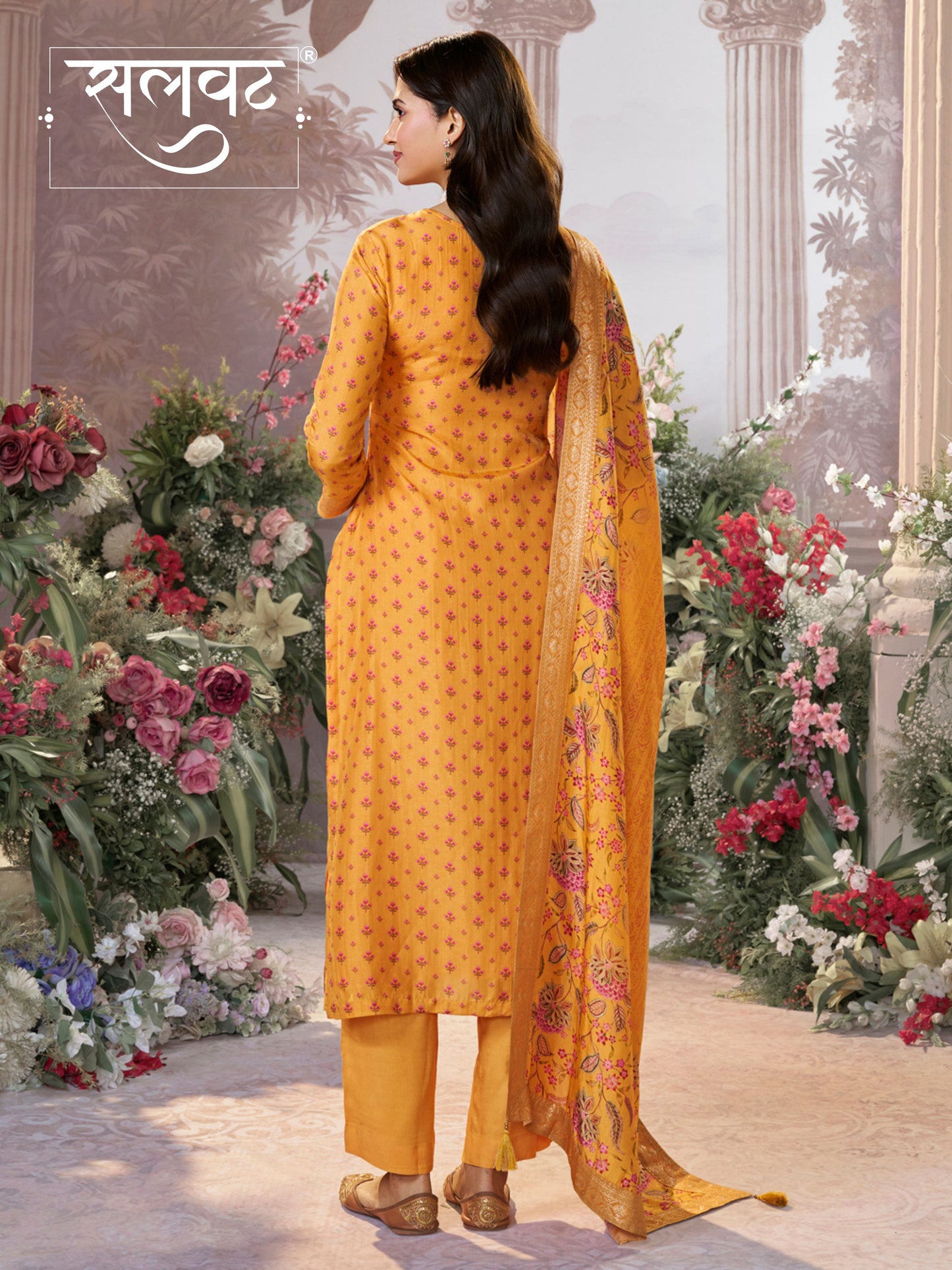Yellow Russian Silk Kurta Set with Digital Print Work Paired with Russian Silk Digital Printed Duppatta