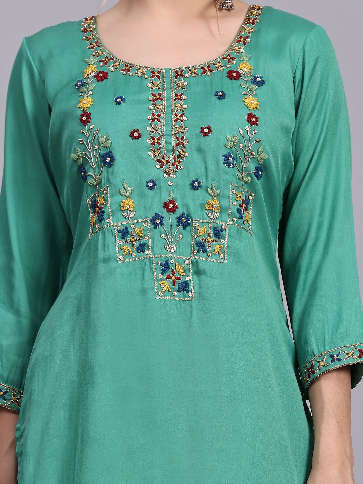 Green Viscose Silk Blend Kurta Set with Dupatta