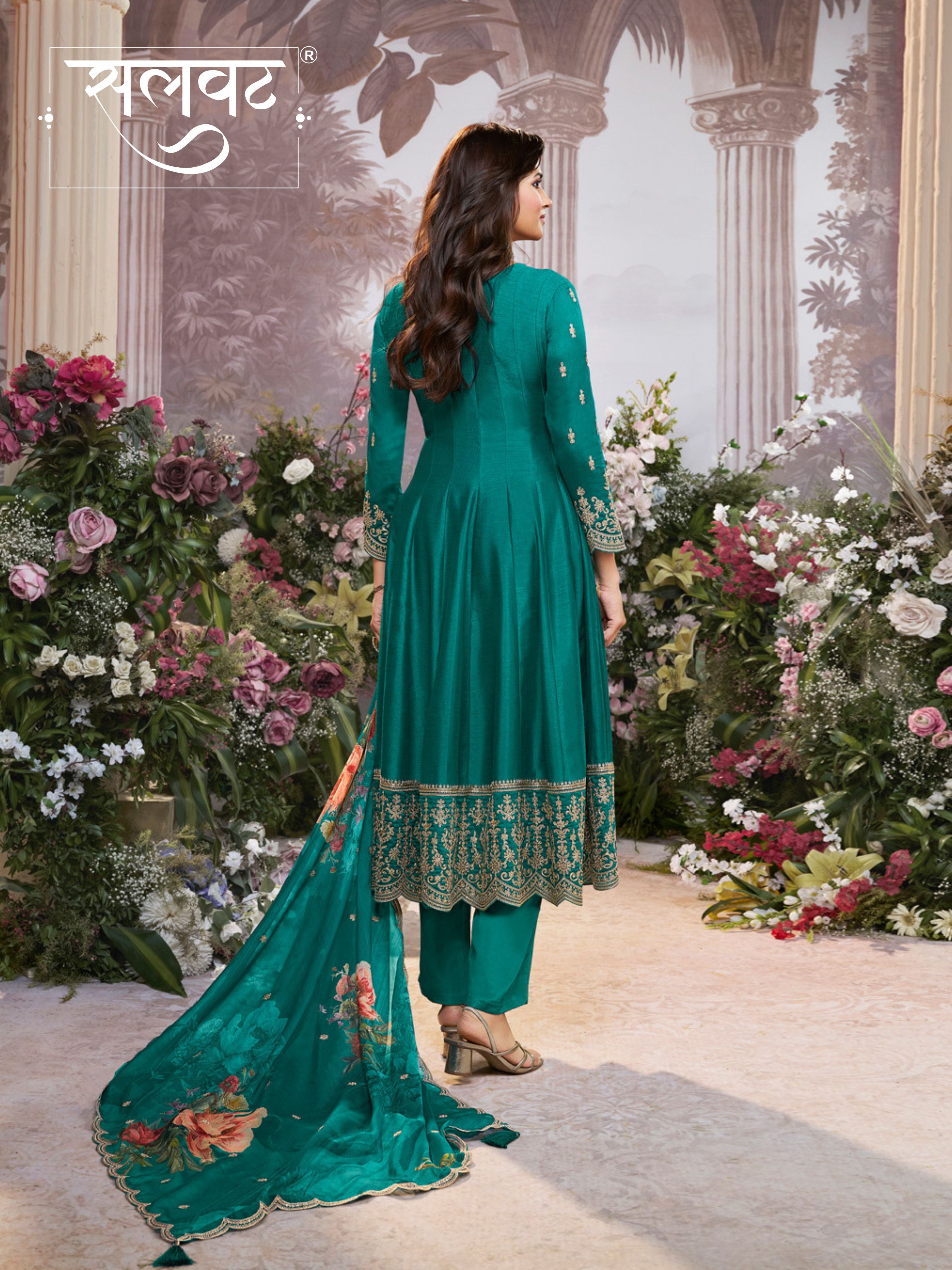 Green Vichitra Silk Embroidered Anarkali Set with Digital Printed Chiffon Dupatta