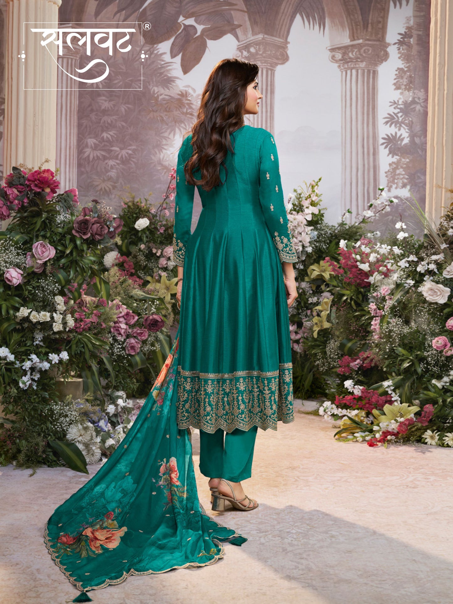 Green Vichitra Silk Embroidered Anarkali Set with Digital Printed Chiffon Dupatta