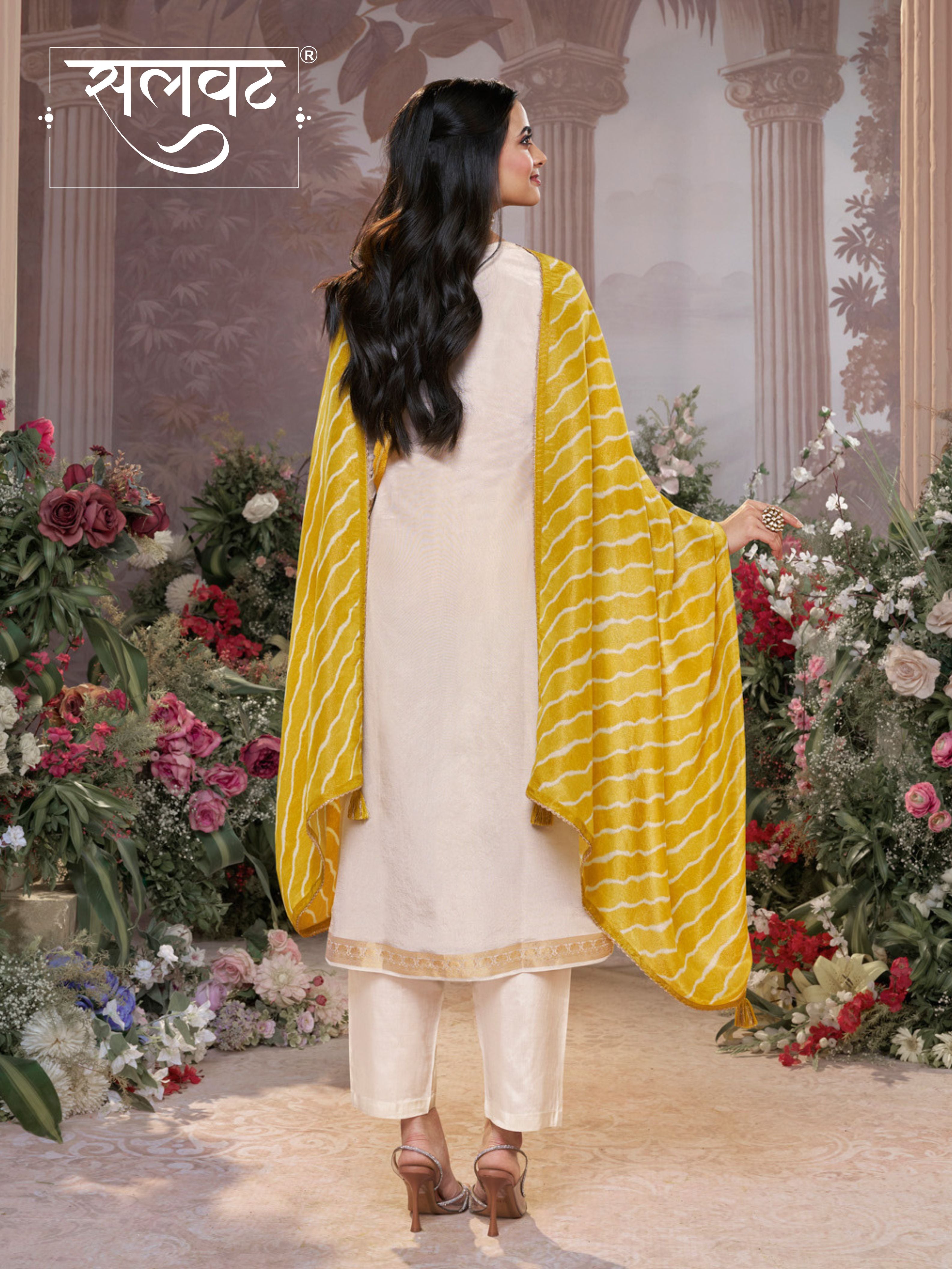 Cream Tissue Jacquard Kurta Set with Yellow Contrast Digital Print Dupatta