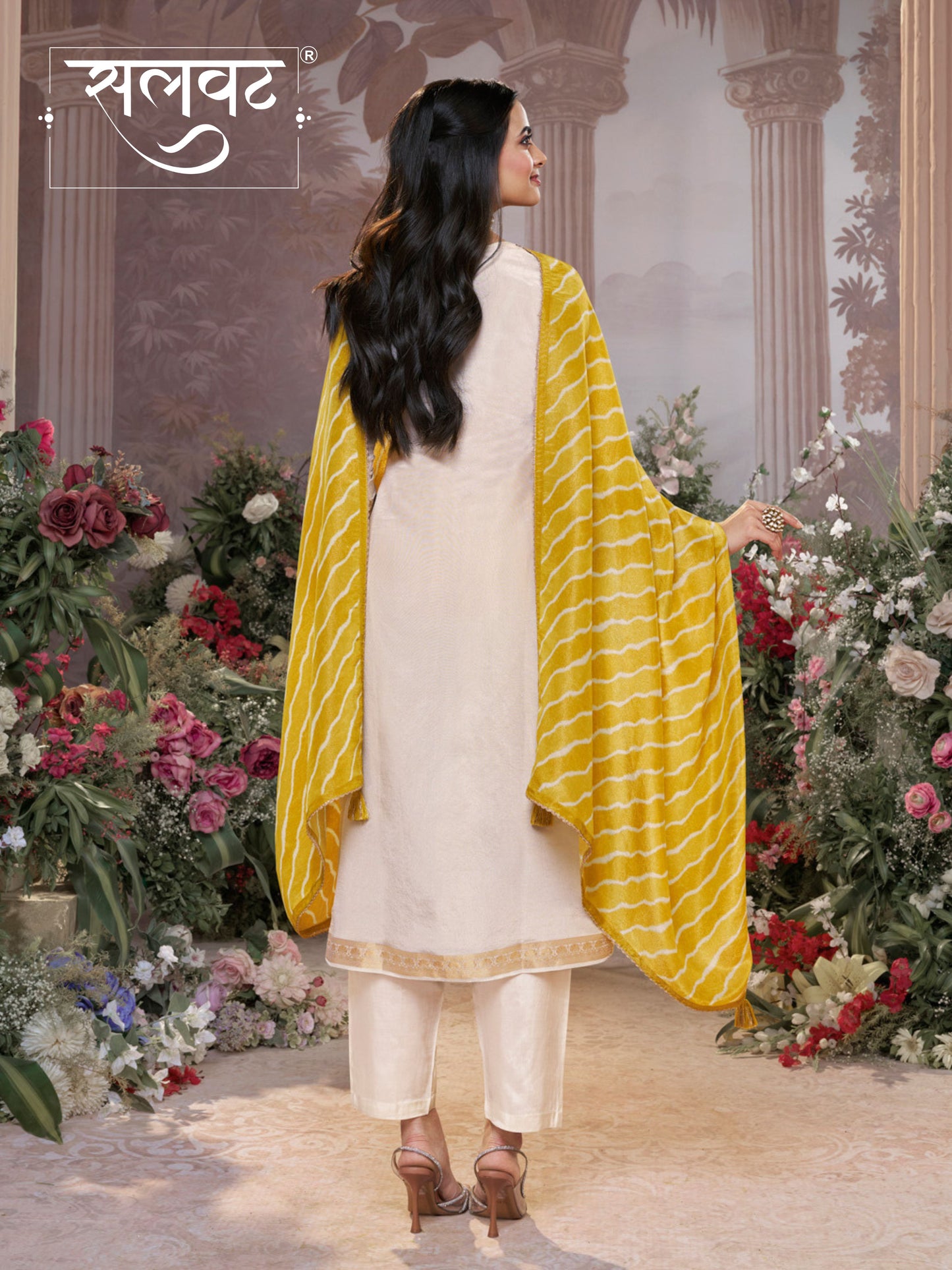 Cream Tissue Jacquard Kurta Set with Yellow Contrast Digital Print Dupatta