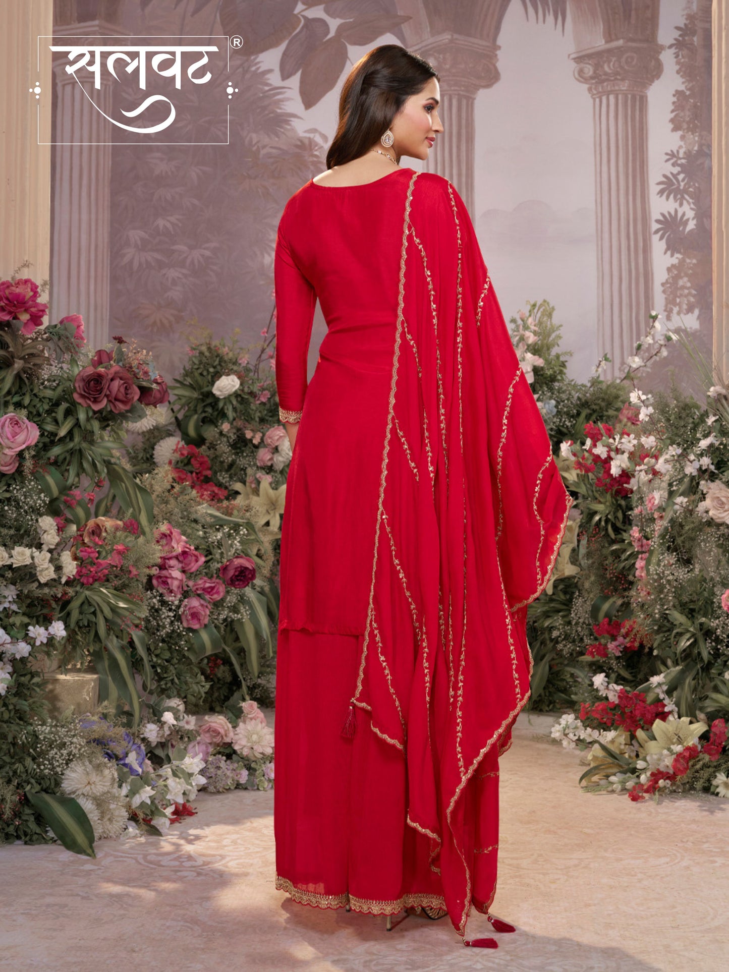 Red Dola Silk Meena Jacquard Kurta Set Paired With Embroidered Sharara Suit Set