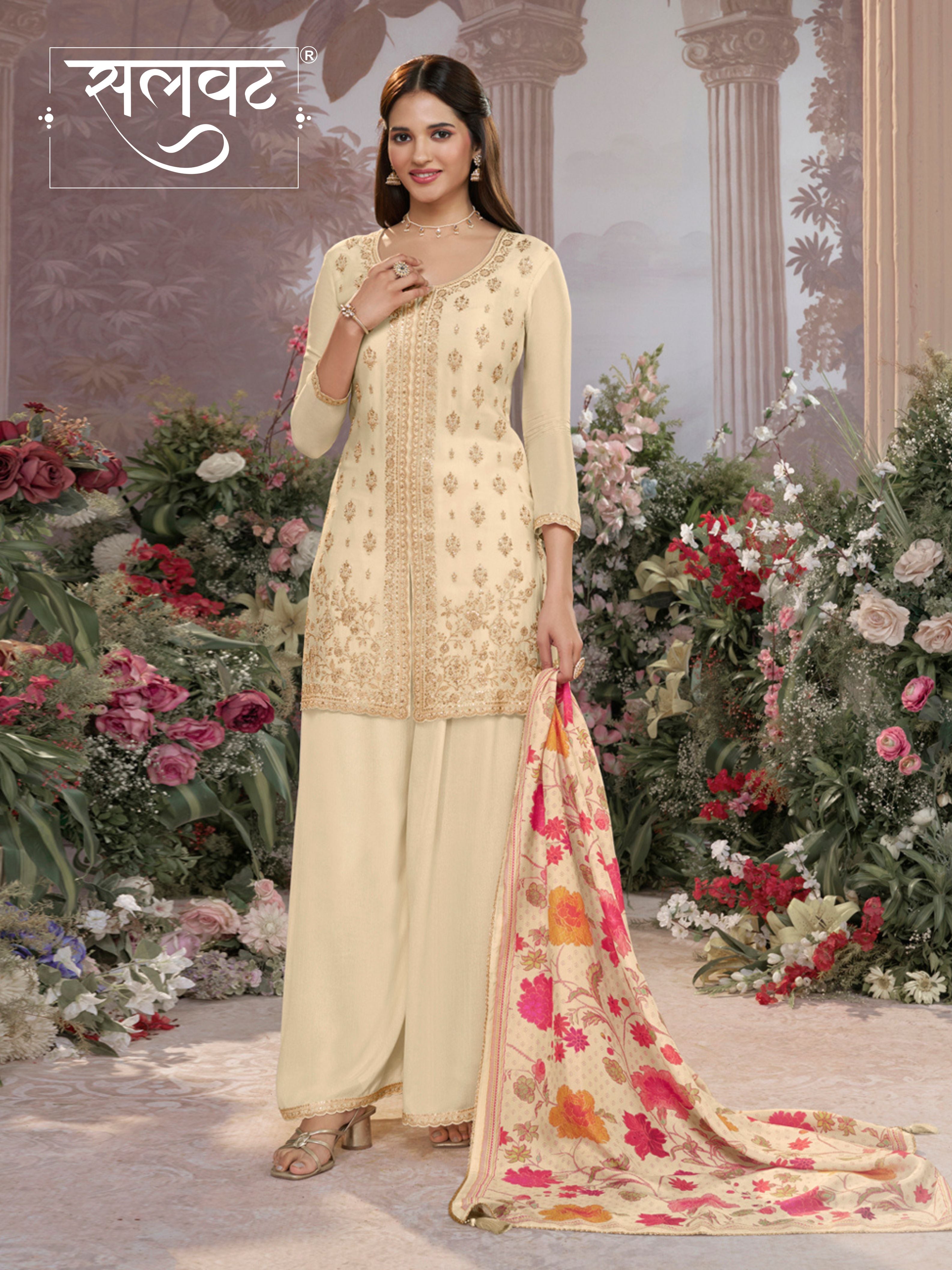 Off-White Chinon Kurta Set with Embroidered Work Paired with Digital Printed Dola Silk Dupatta