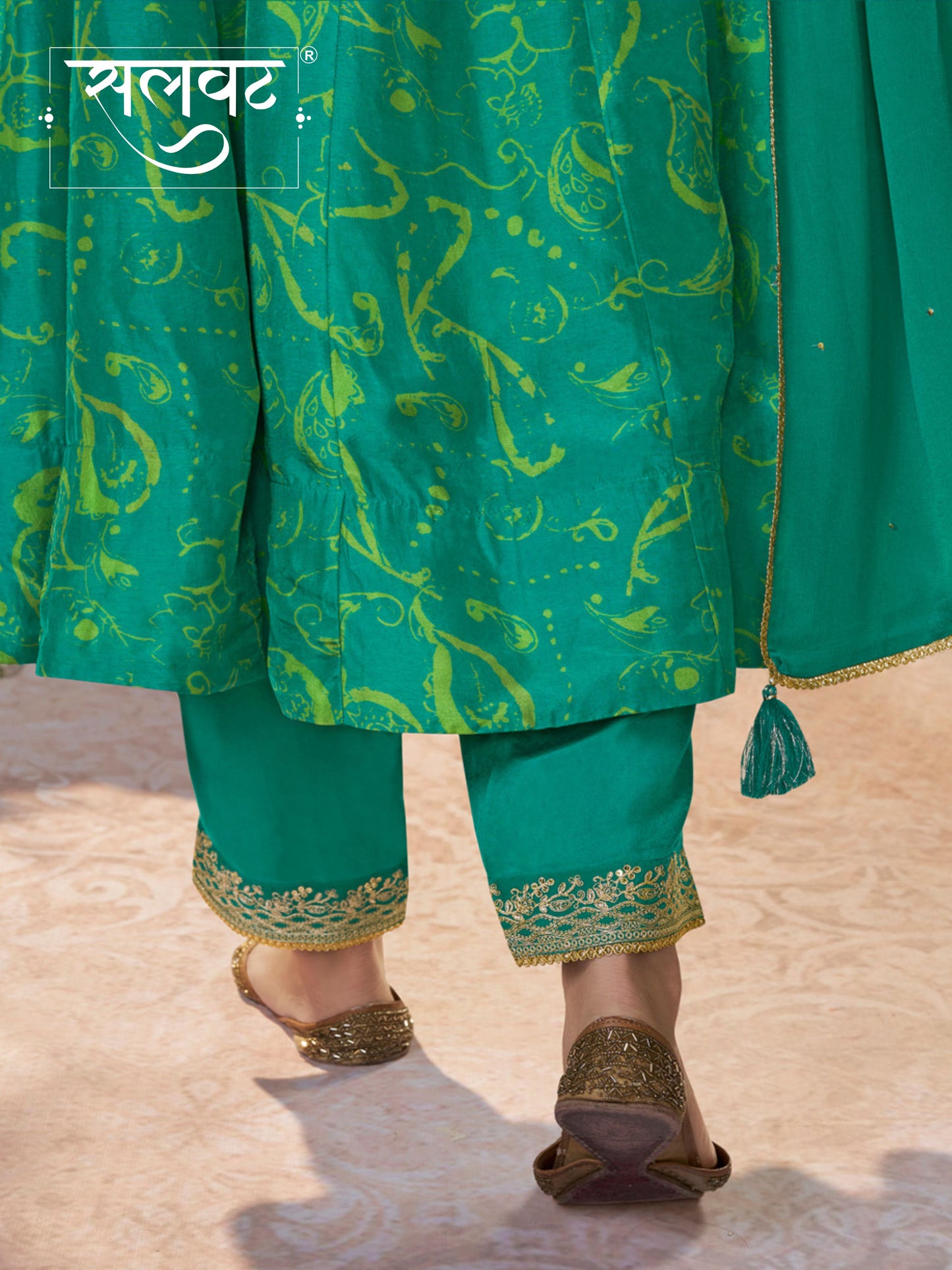 Green Digital Printed Mirror Embroidered Anarkali Suit Set