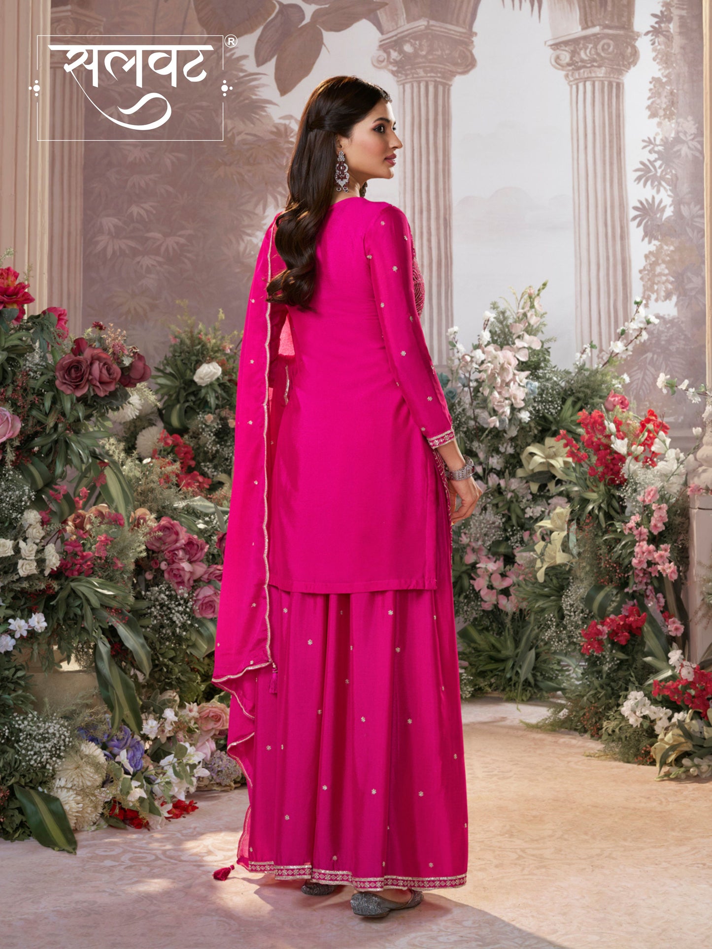 Pink Chinon Embroidered Sharara Suit with Butti Work and Sequins Scalloped Border Dupatta