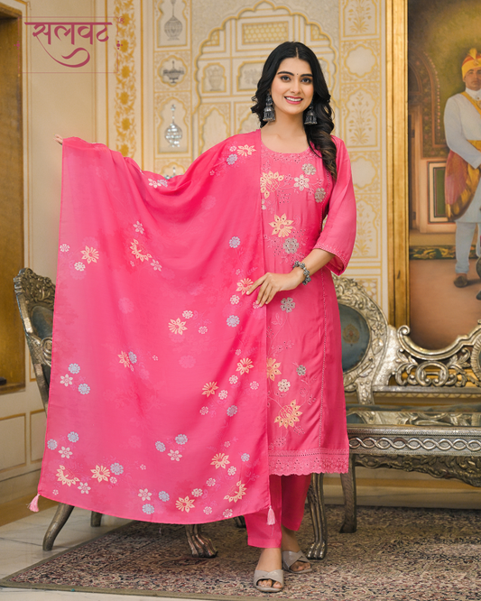 Carnation Blush Embroidered Kurta set with Printed Dupatta