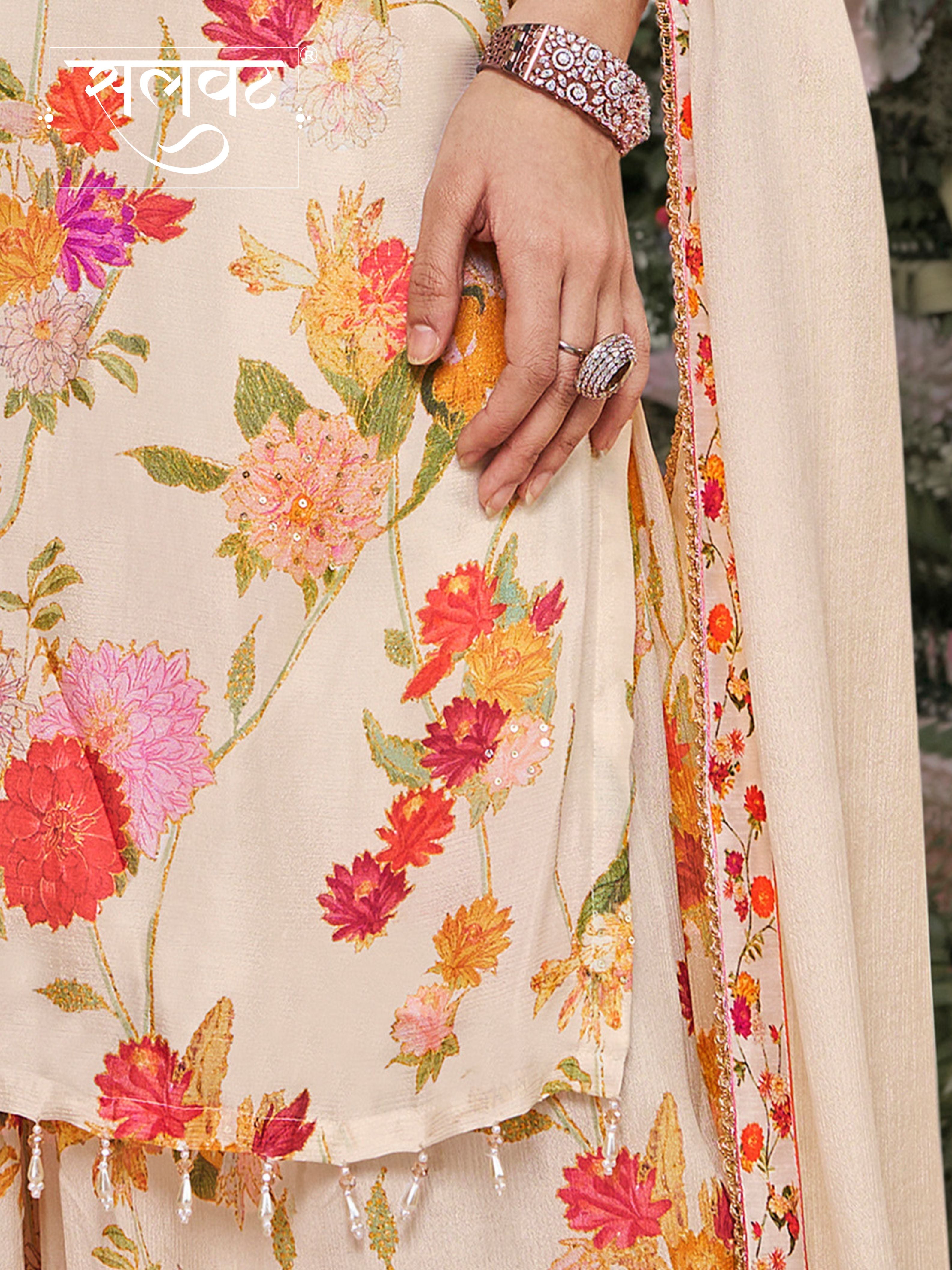 Off-White Chinon Sharara Set with Floral Print and Embroidery