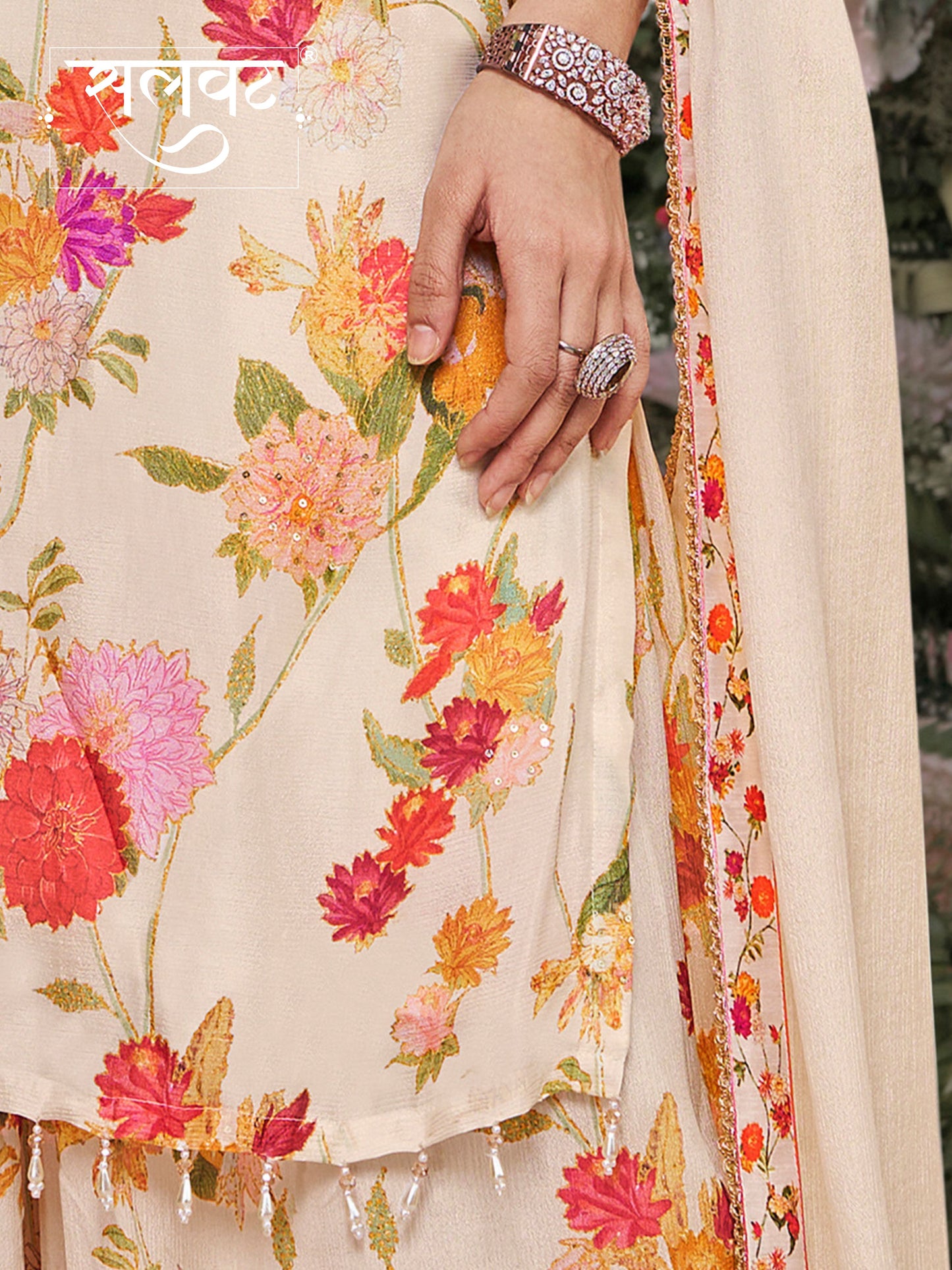 Off-White Chinon Sharara Set with Floral Print and Embroidery