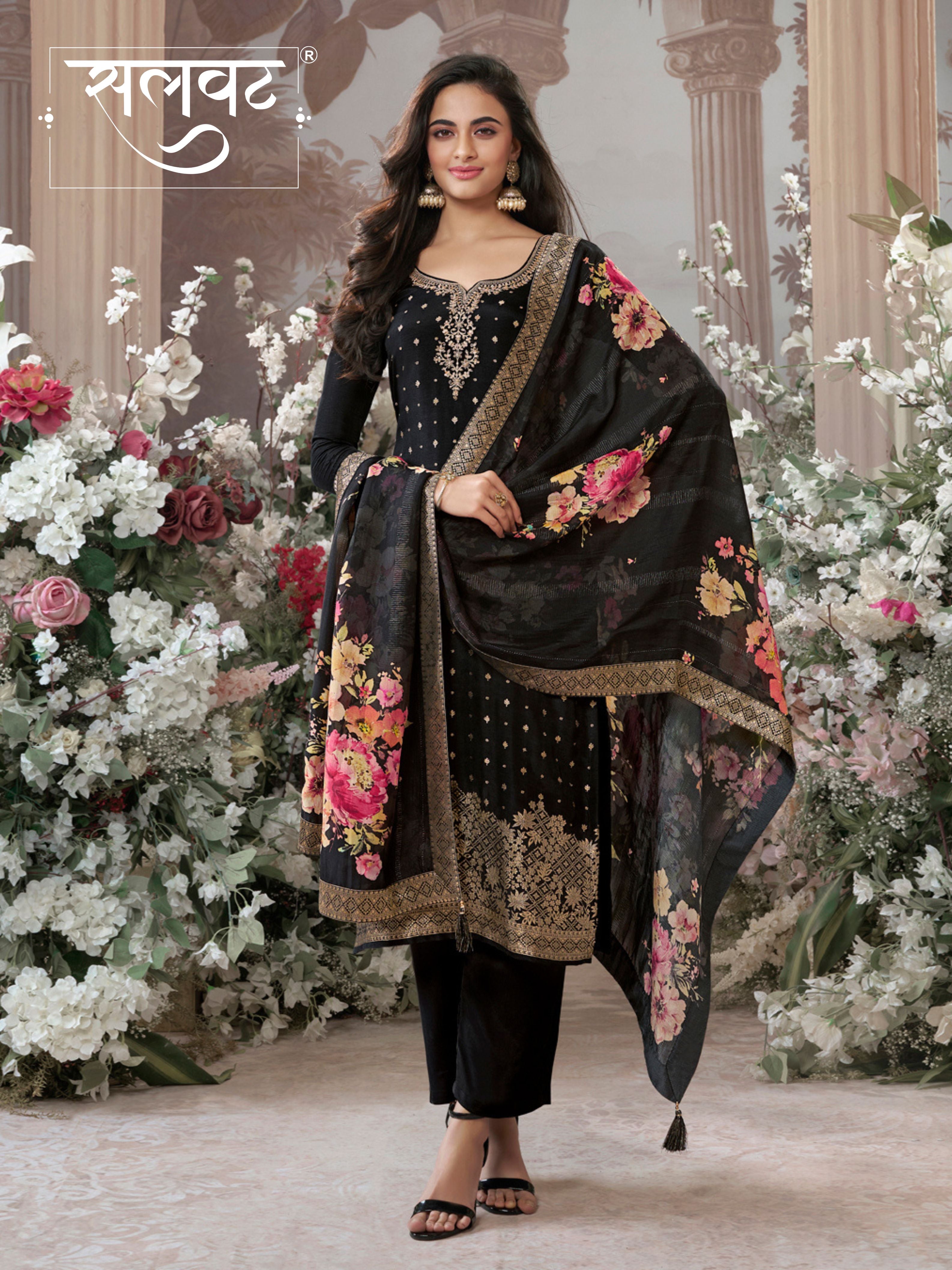 Black Dola Silk Kurta Set with Jacquard Detailing and Intricate Embroidery, Paired with a Cherry Silk Dupatta