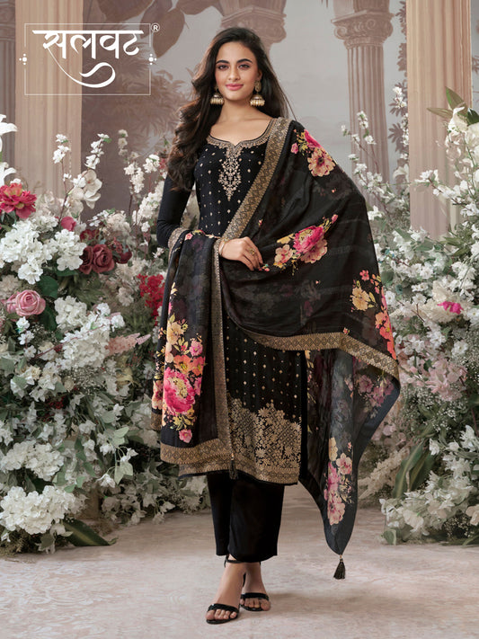 Black Dola Silk Kurta Set with Jacquard Detailing and Intricate Embroidery, Paired with a Cherry Silk Dupatta