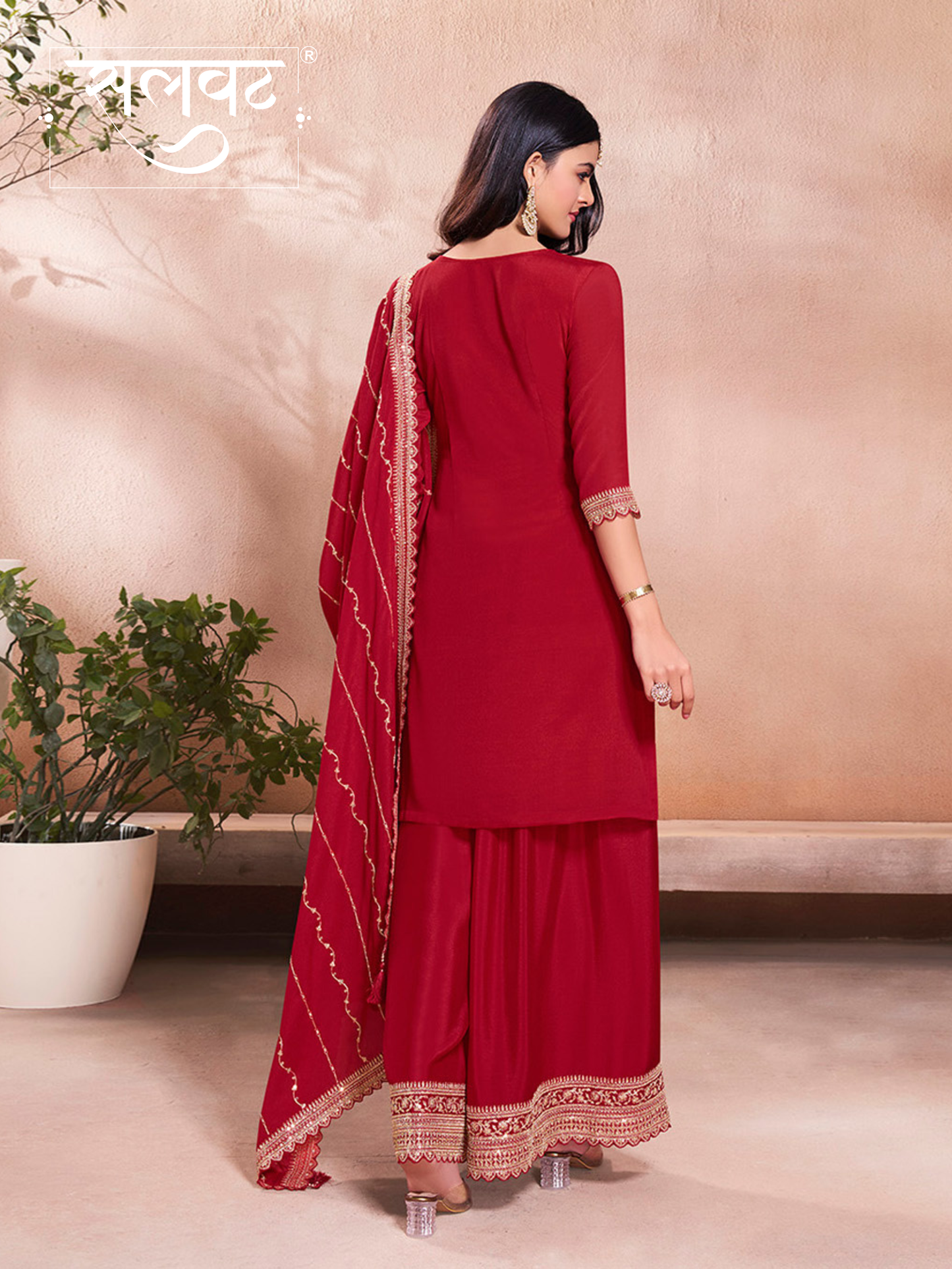 Red Jacquard Embroidery Sharara Suit Set