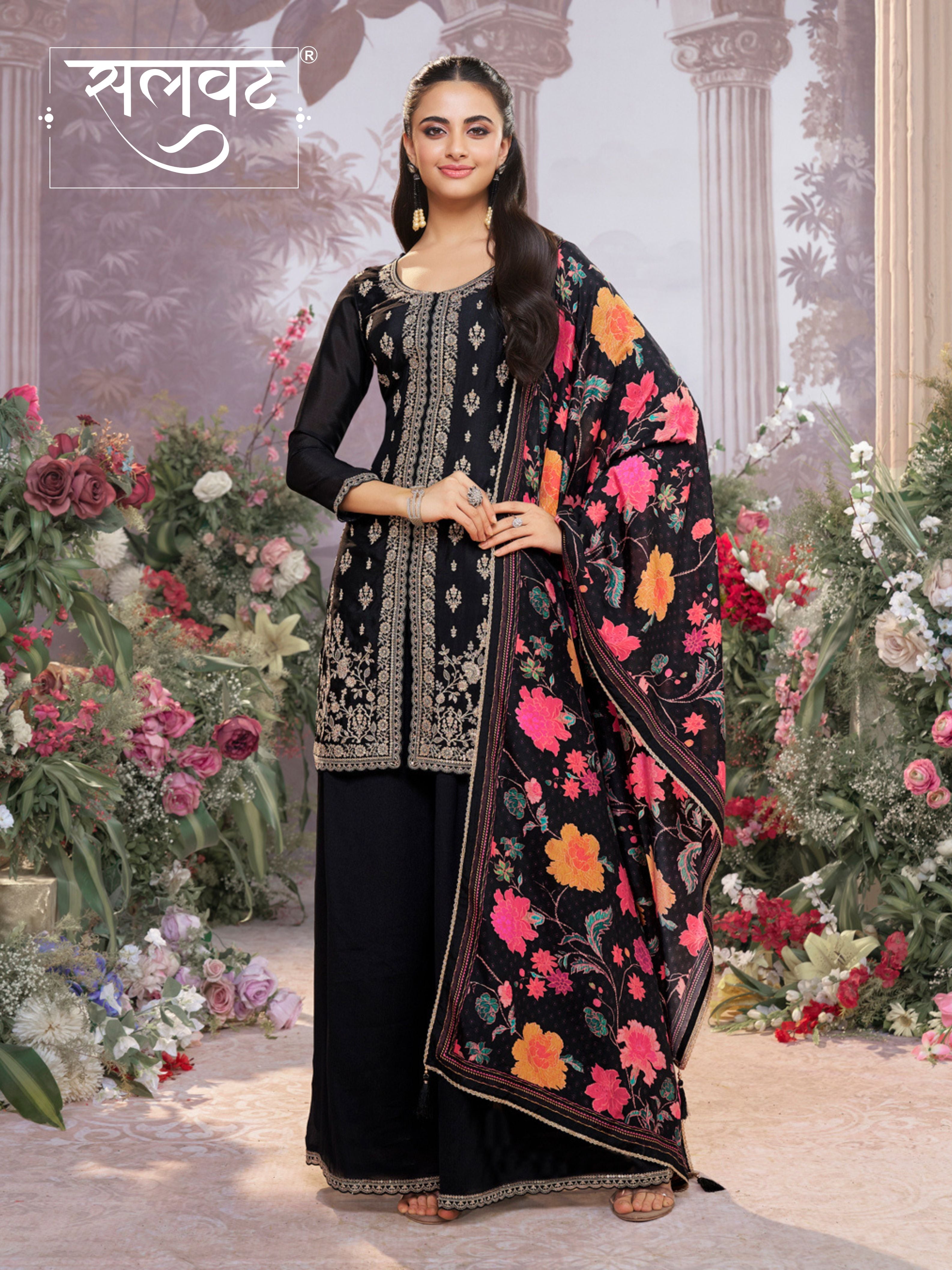 Black Chinon Kurta Set with Embroidered Work Paired with Digital Printed Dola Silk Dupatta