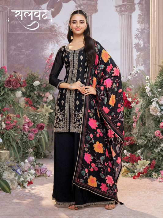 Black Chinon Kurta Set with Embroidered Work Paired with Digital Printed Dola Silk Dupatta