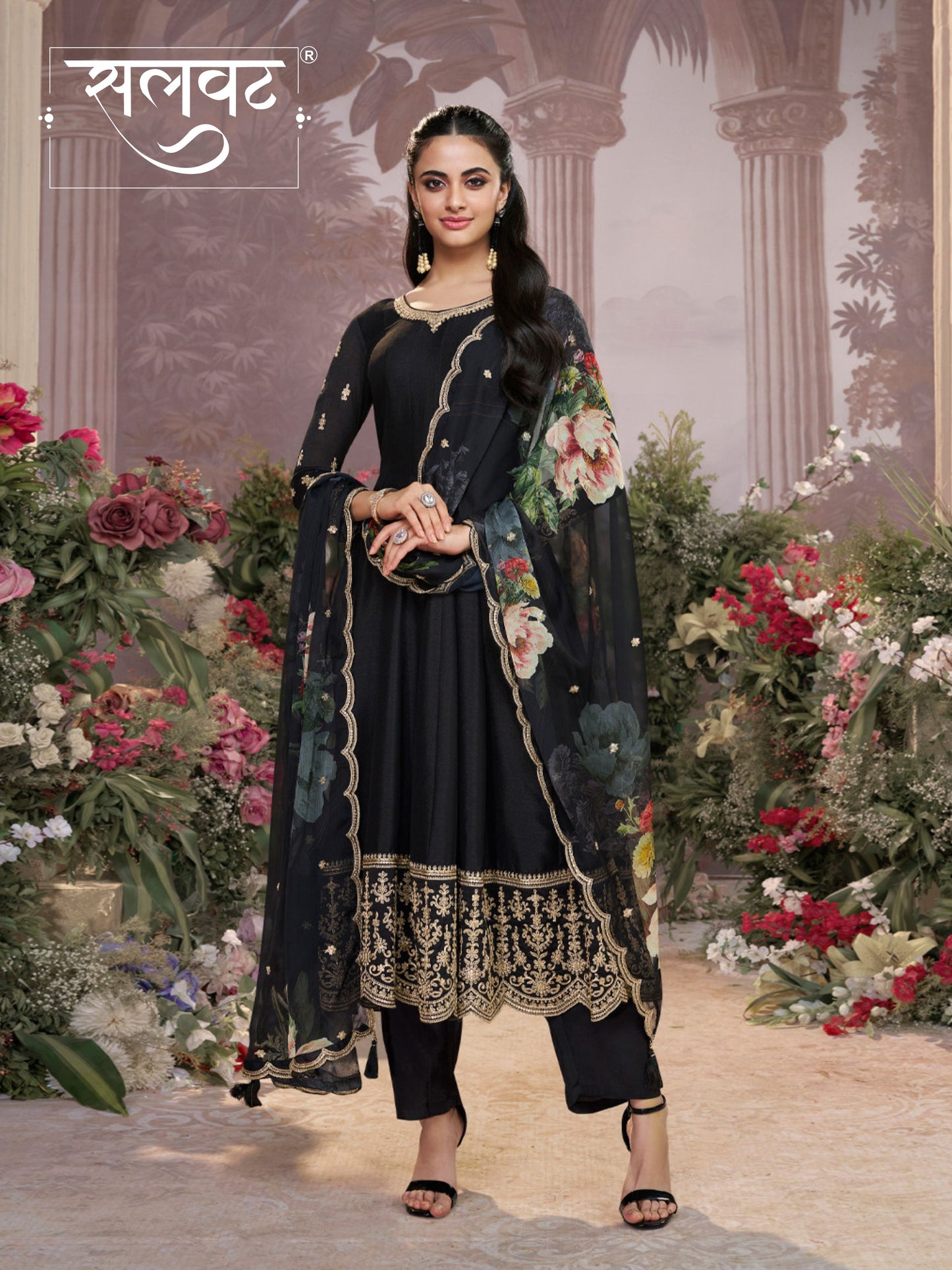 Black Vichitra Silk Embroidered Anarkali Set with Digital Printed Chiffon Dupatta