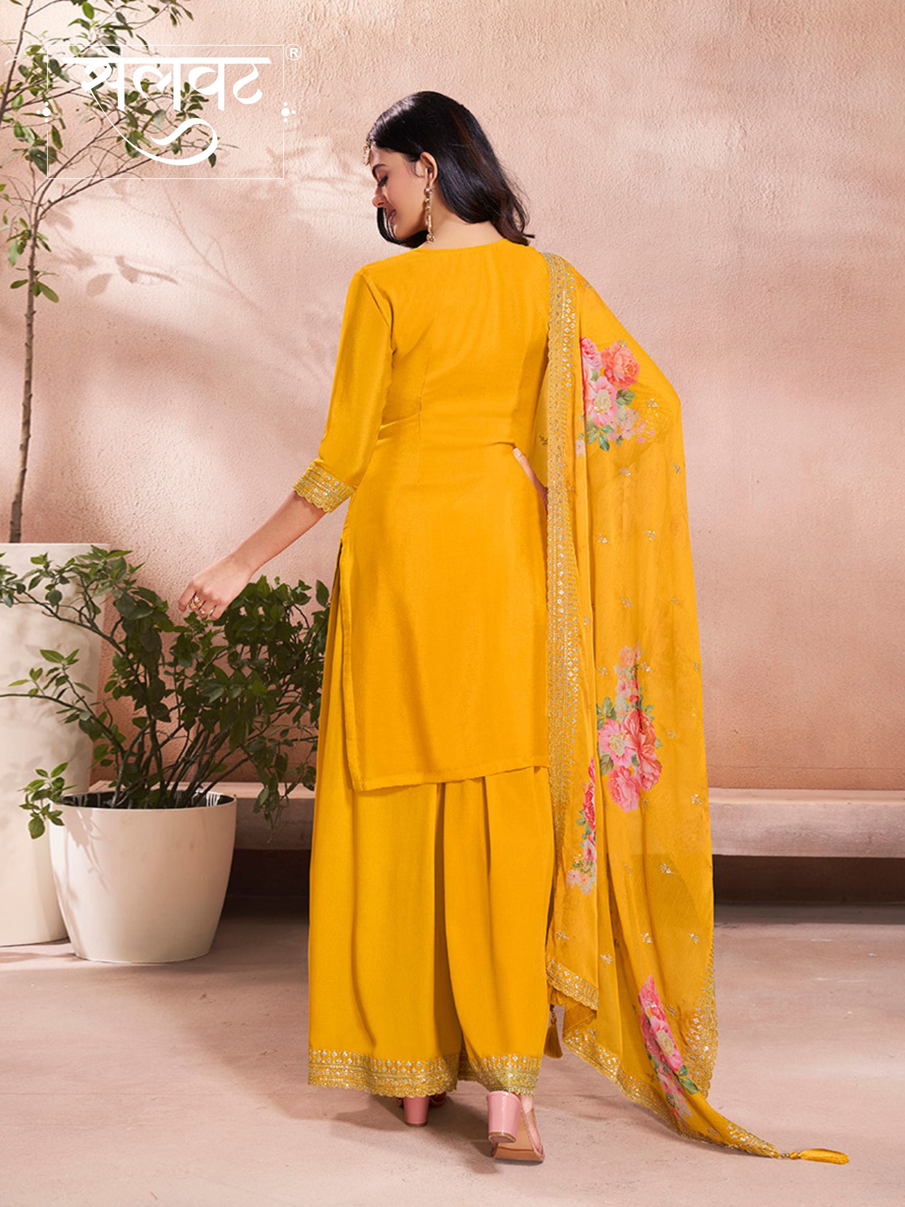 Yellow Butti Floral pattern Sequins Embroidered Sharara Suit Set