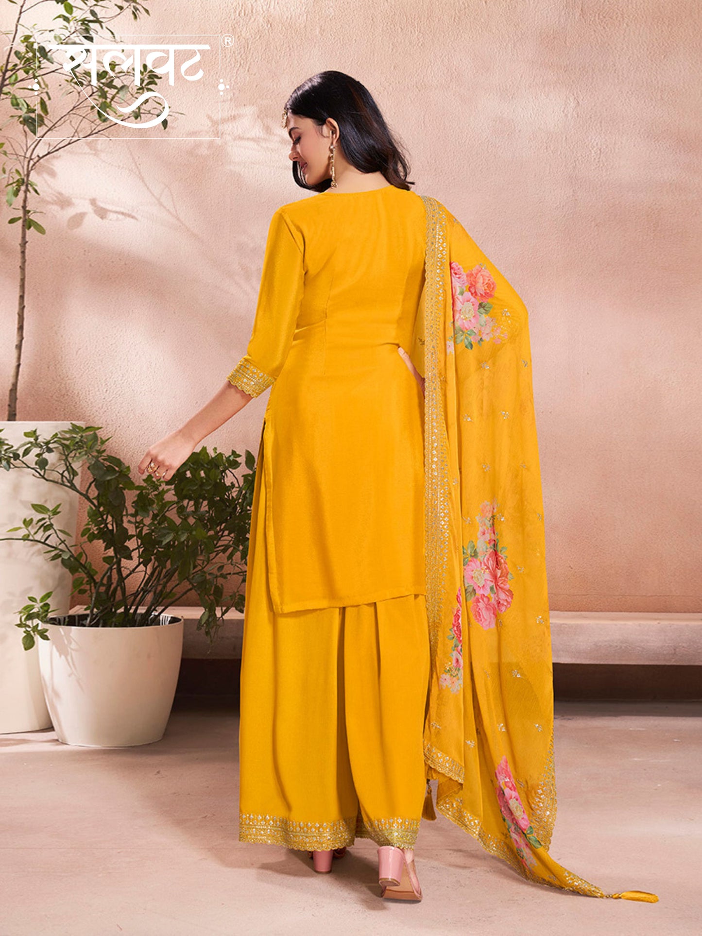 Yellow Butti Floral pattern Sequins Embroidered Sharara Suit Set