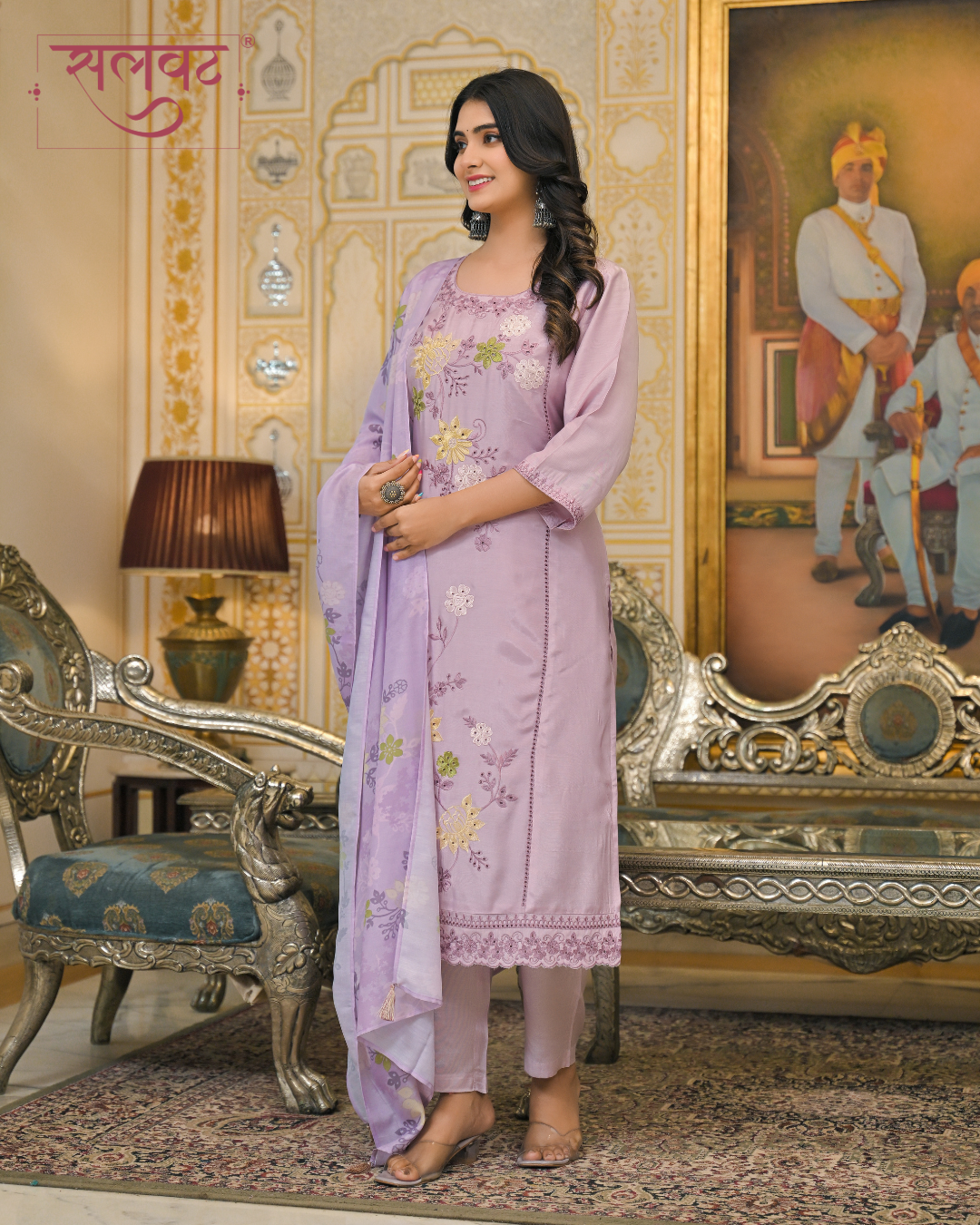 Periwinkle Lilac Embroidered Kurta Set With Printed Dupatta