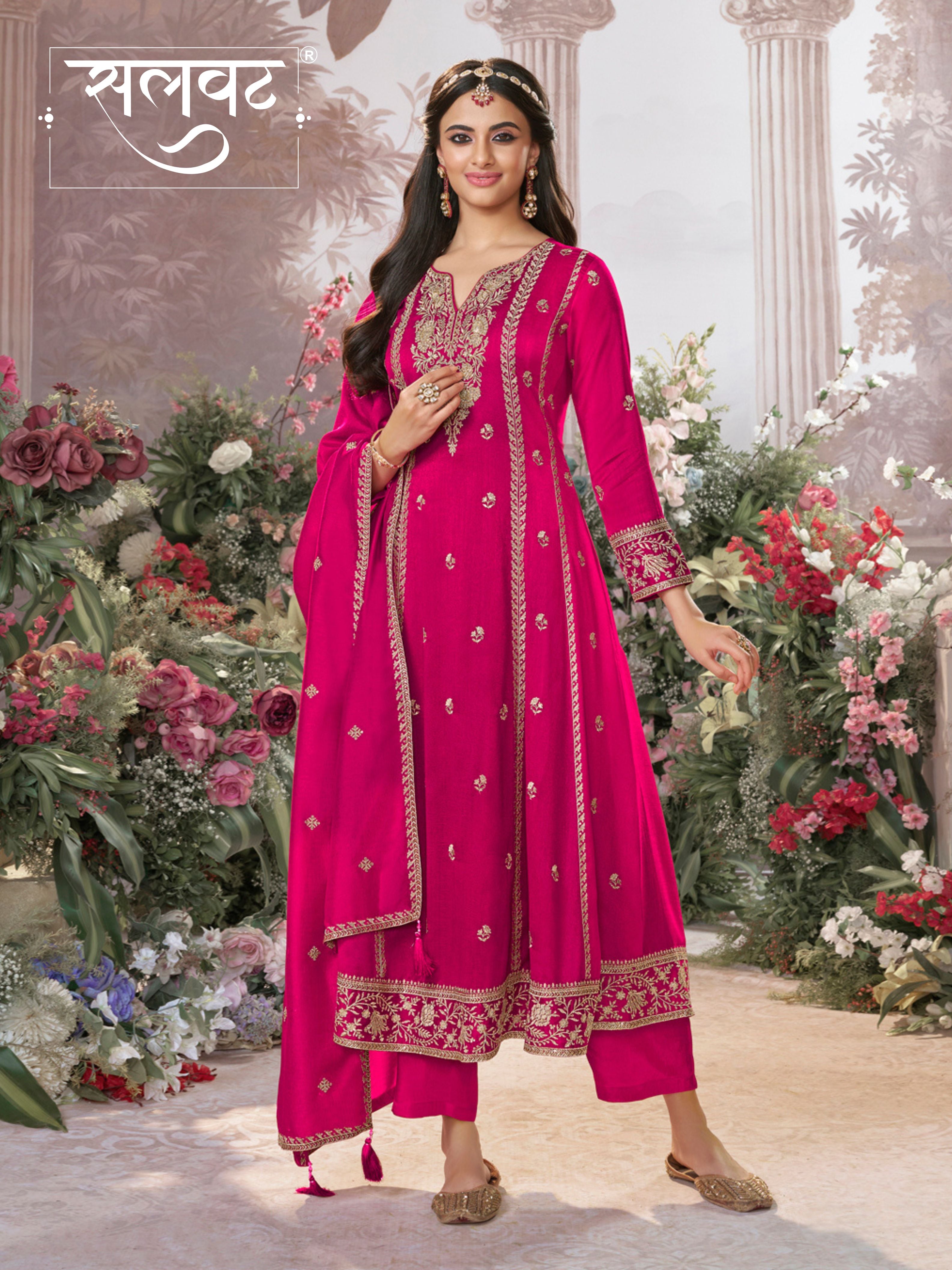 Hot Pink Vichitra Silk Kurta Suit Set with Embroidered Work Paired with Vichitra Silk Dupatta with Embroidered Work