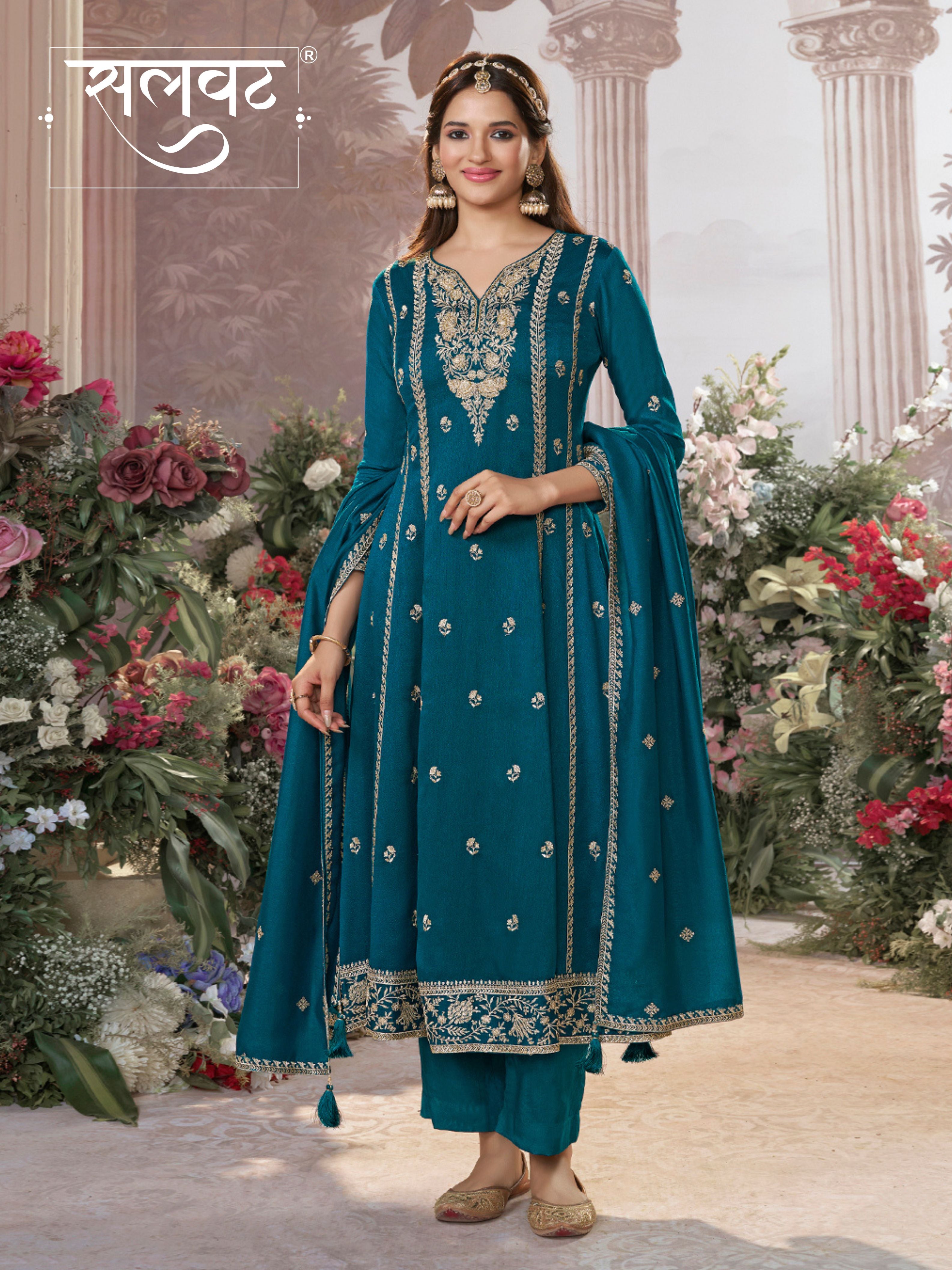 Blue Vichitra Silk Kurta Suit Set with Embroidered Work Paired with Vichitra Silk Dupatta with Embroidered Work