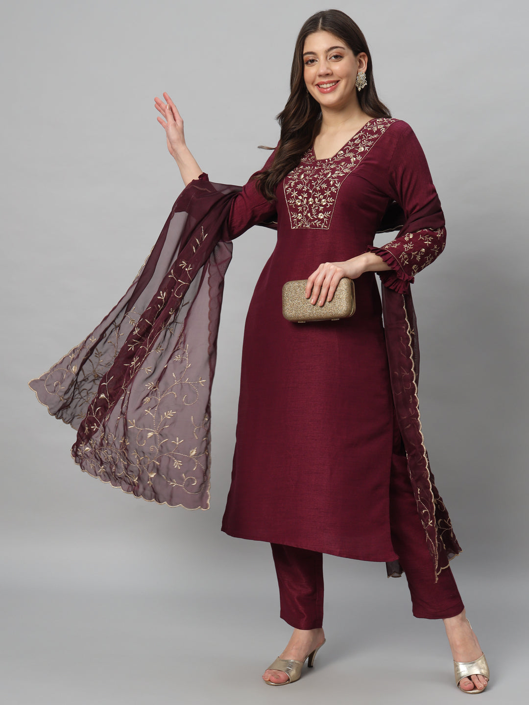 Wine Embroidery Viscose Kurta Sets