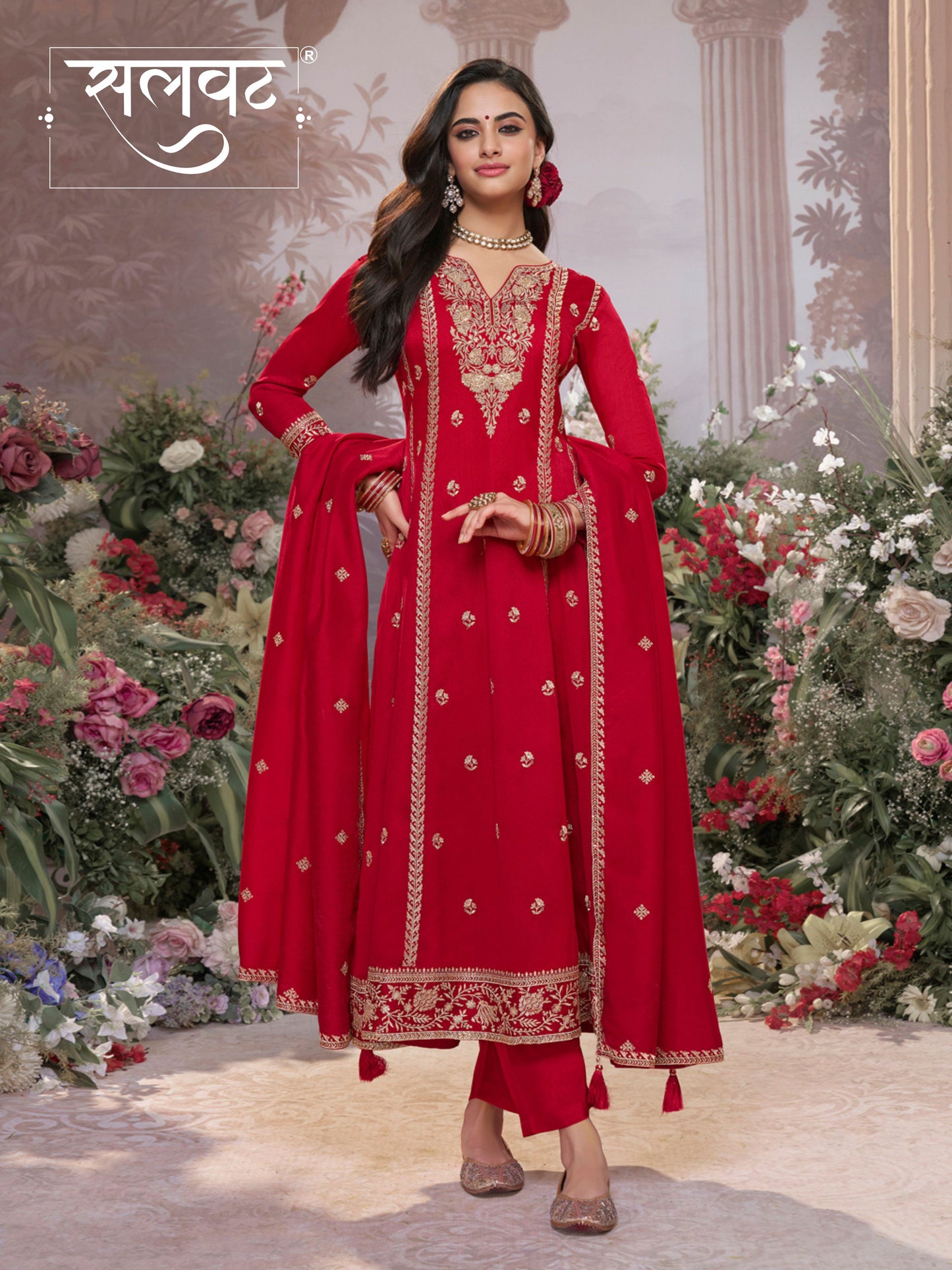 Red Vichitra Silk Kurta Suit Set with Embroidered Work Paired with Vichitra Silk Dupatta with Embroidered Work