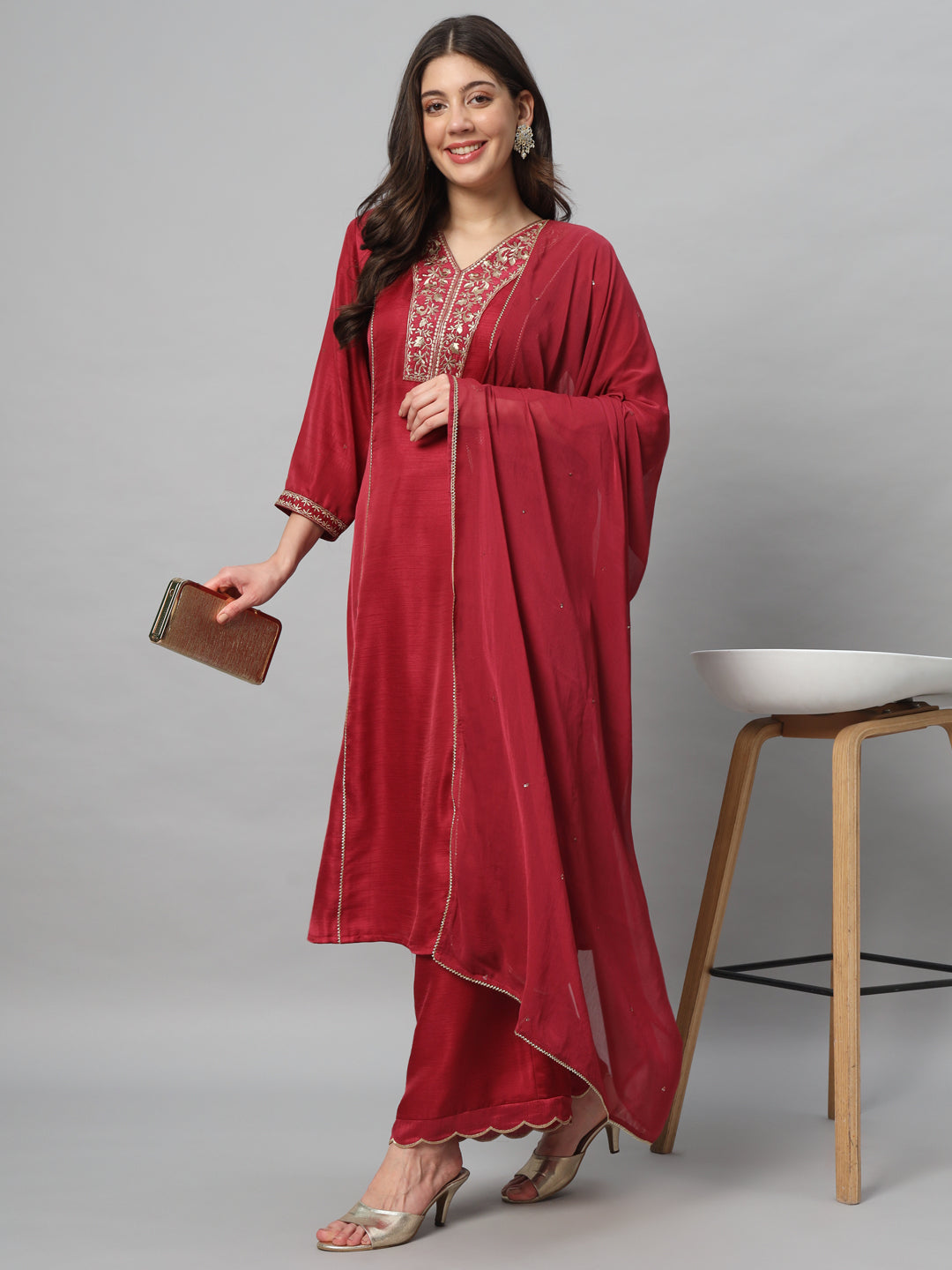 Maroon Embroidery Viscose Kurta Sets