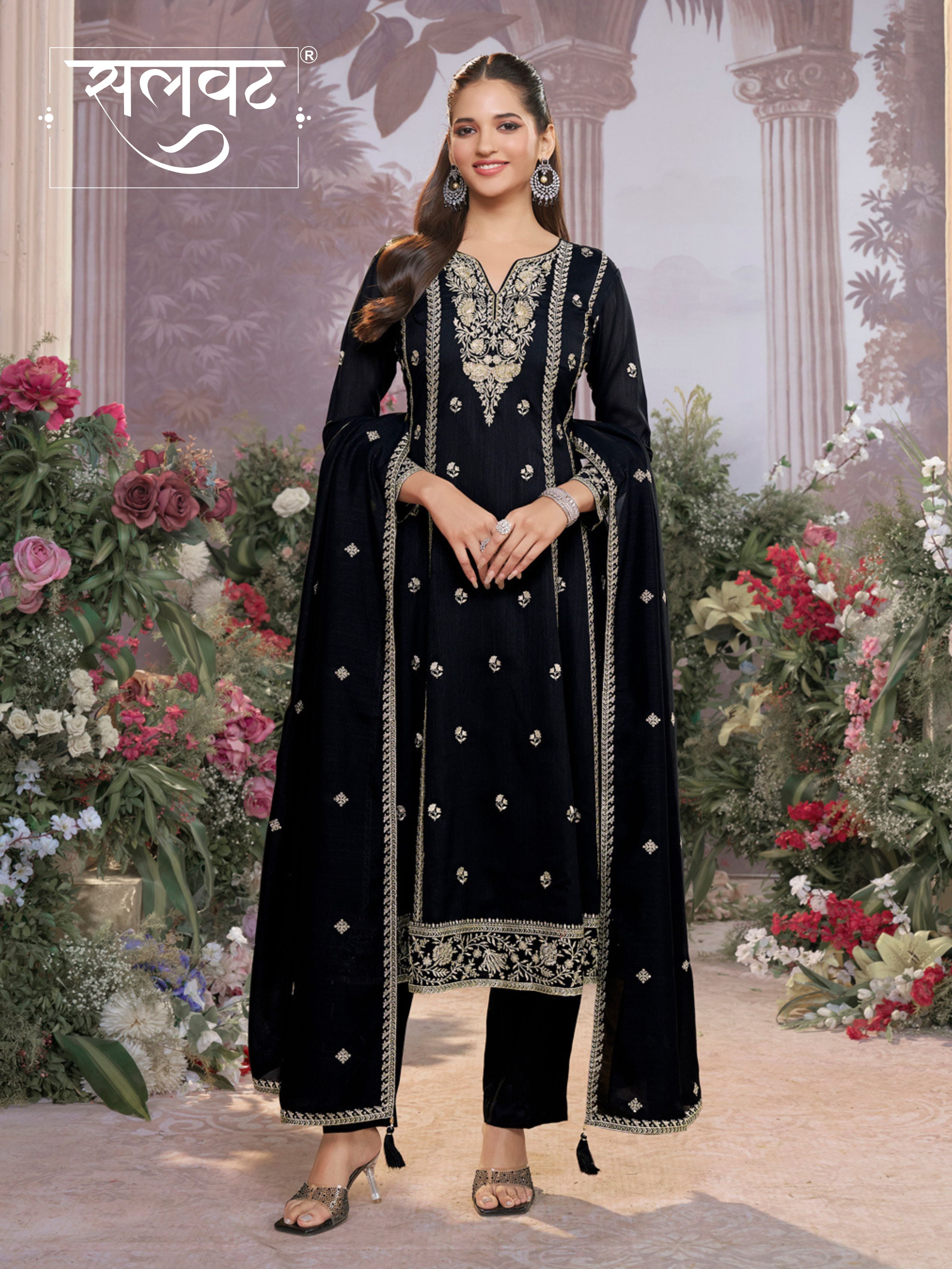 Black Vichitra Silk Kurta Suit Set with Embroidered Work Paired with Vichitra Silk Dupatta with Embroidered Work