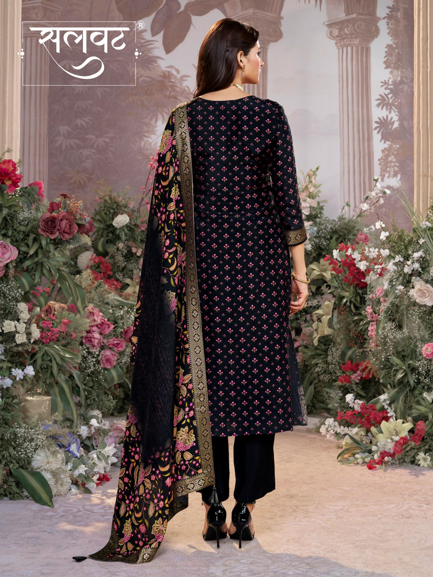 Black Russian Silk Kurta Set with Digital Print Work Paired with Russian Silk Digital Printed Duppatta