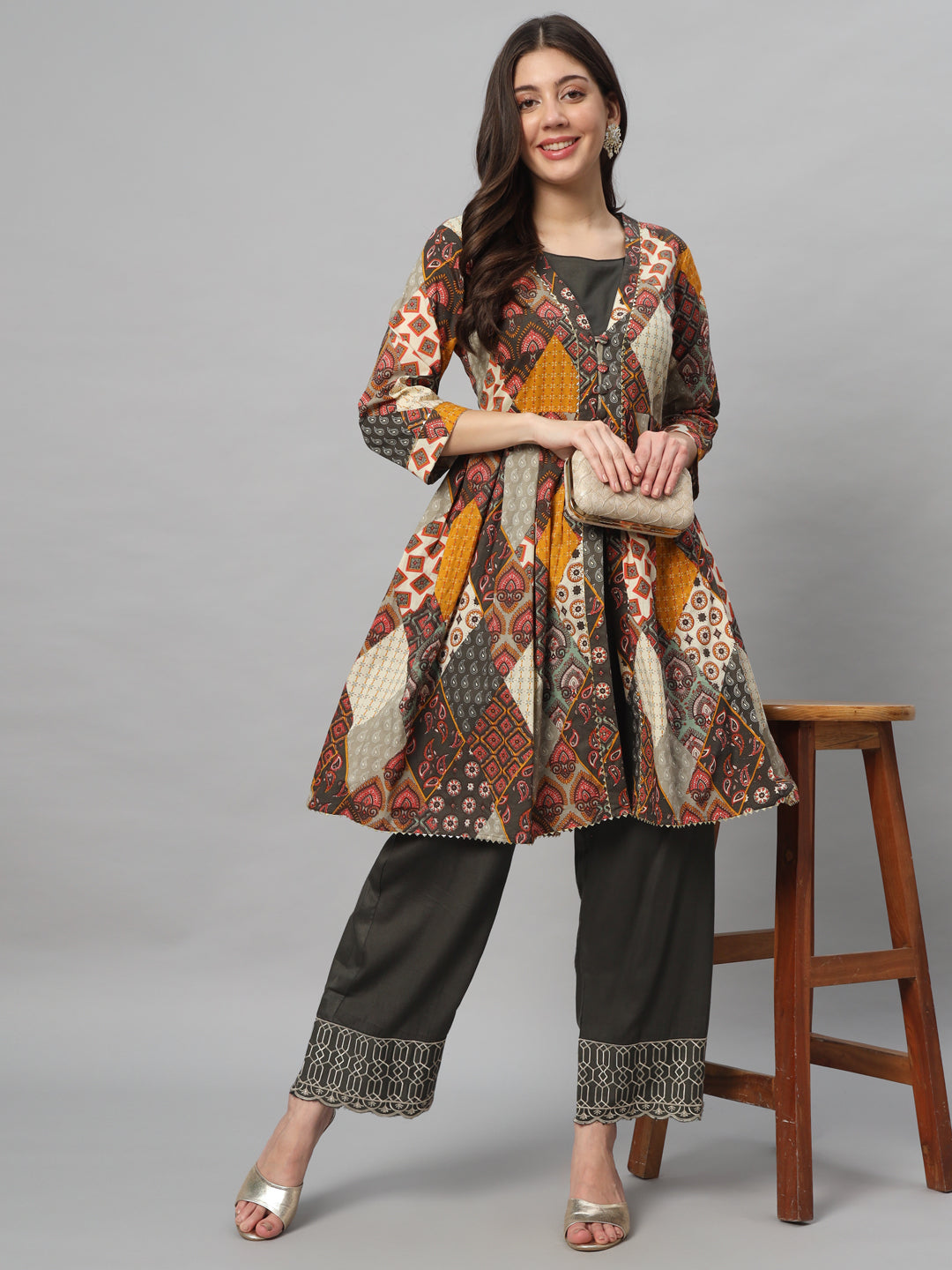 Espresso Brown & Musturd  Blockprinted Shrug Set