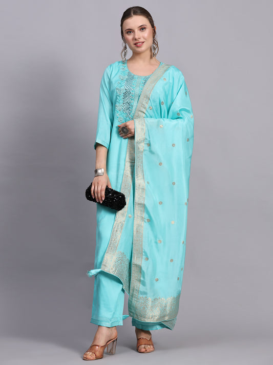 Turquoise Mirror Work Suit Set.