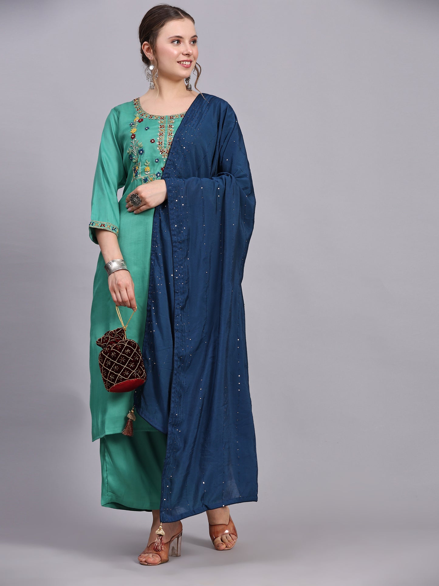 Green Viscose Silk Blend Kurta Set with Dupatta