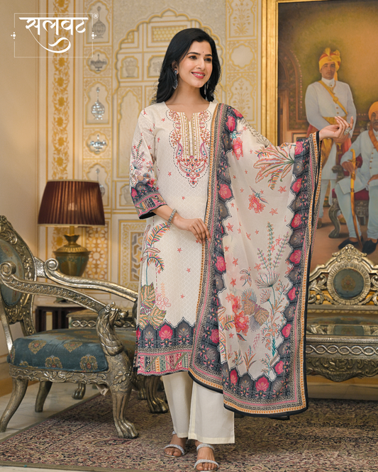 Light Caramel Printed Handwork Kurta Set with Printed Dupatta