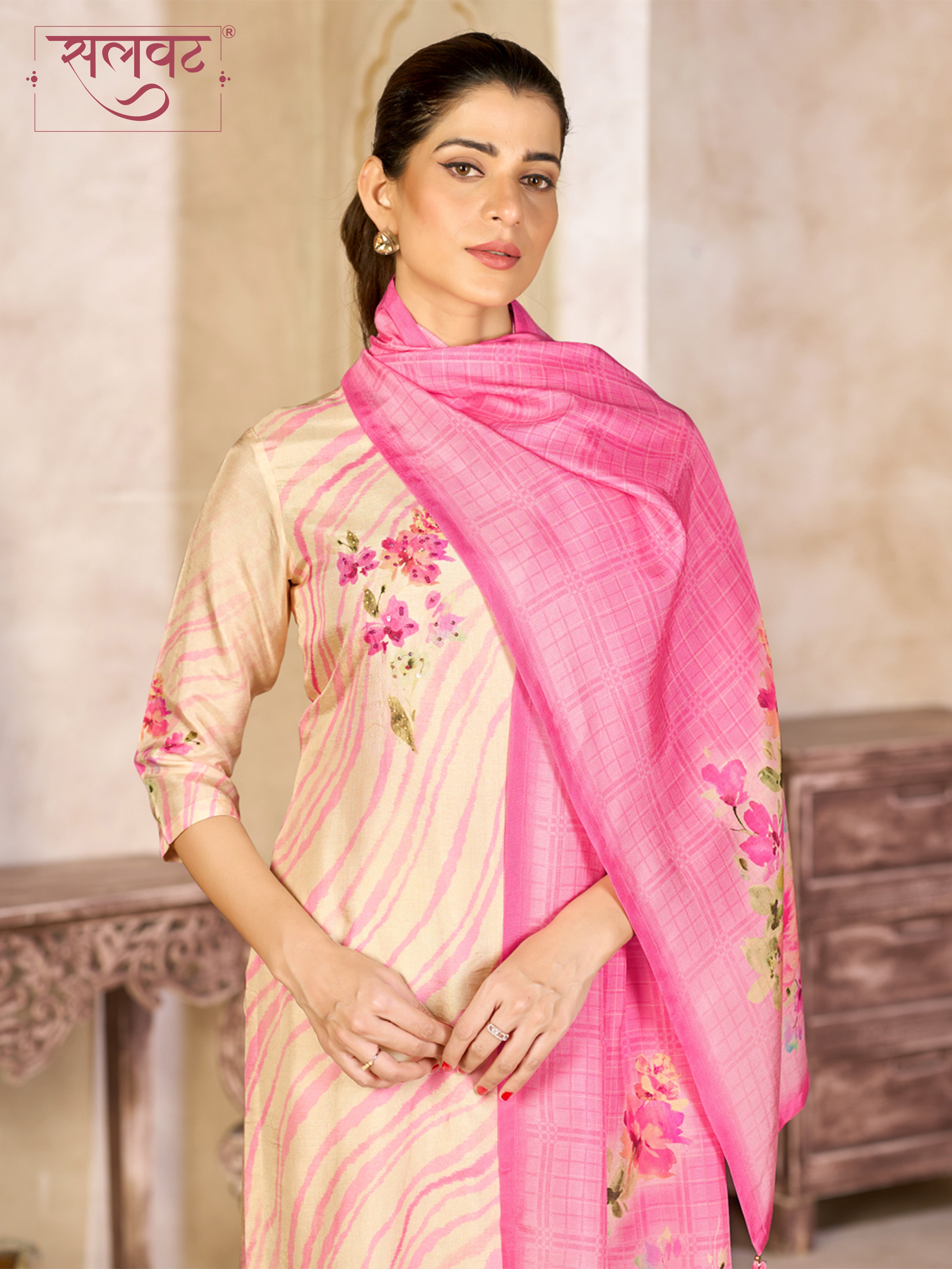 Beige Pink Viscose Kurta Set with Floral and Stripe Printed Work, Paired with Cambric Cotton Bottom and a Matching Viscose Dupatta