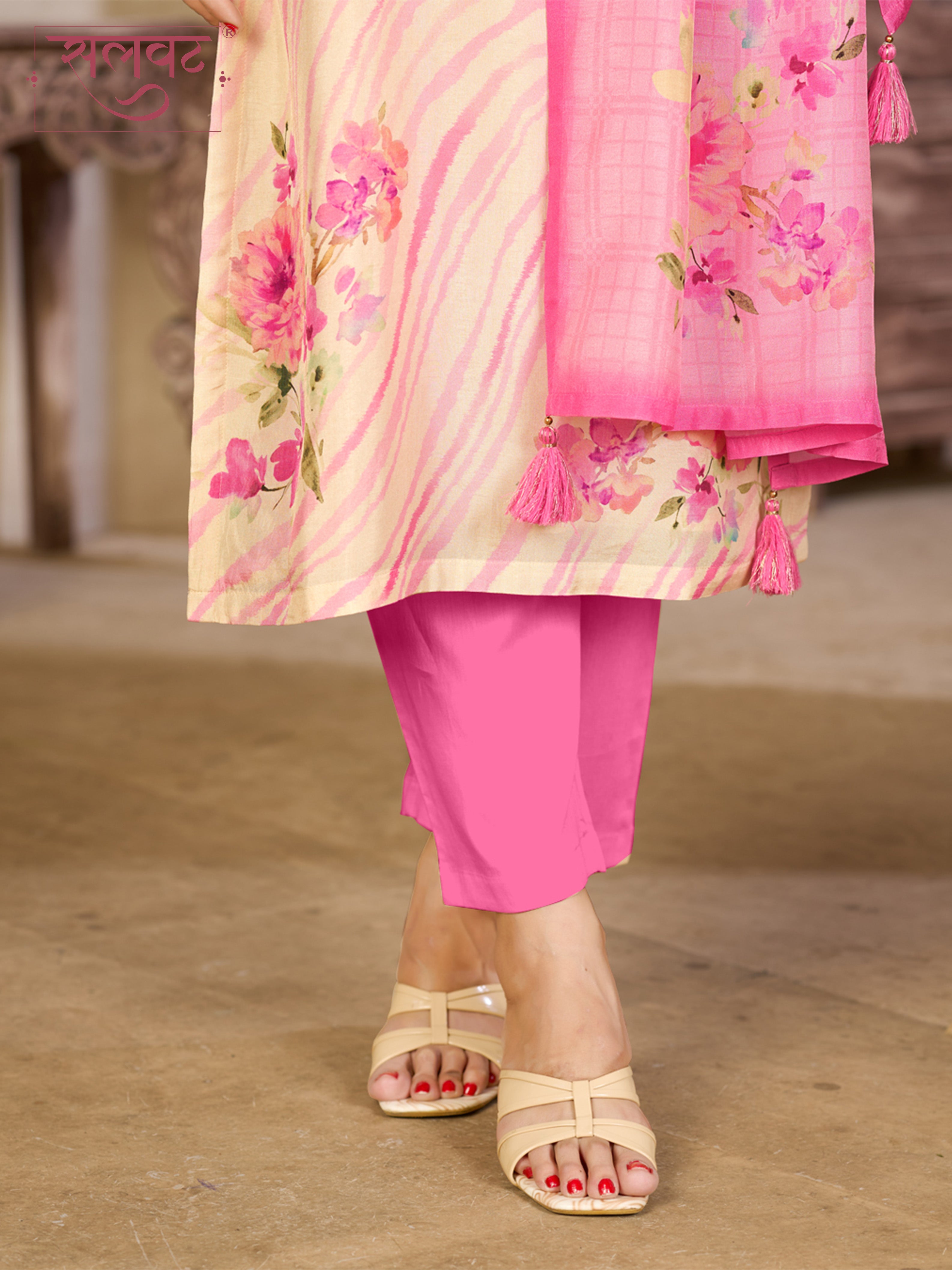 Beige Pink Viscose Kurta Set with Floral and Stripe Printed Work, Paired with Cambric Cotton Bottom and a Matching Viscose Dupatta