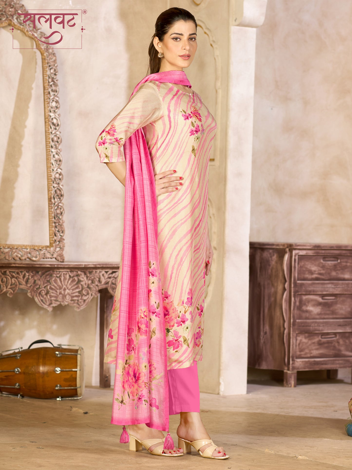 Beige Pink Viscose Kurta Set with Floral and Stripe Printed Work, Paired with Cambric Cotton Bottom and a Matching Viscose Dupatta