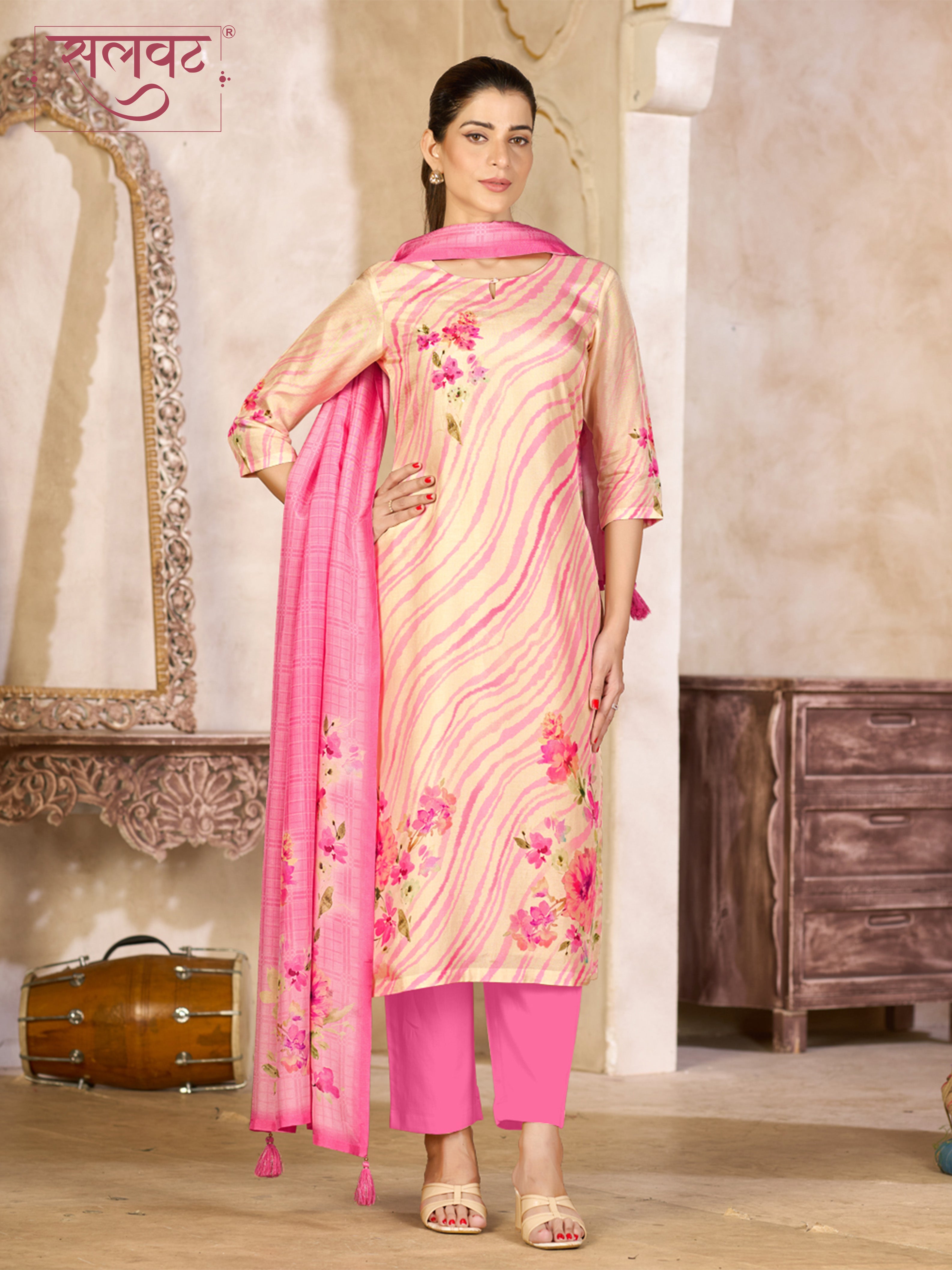 Beige Pink Viscose Kurta Set with Floral and Stripe Printed Work, Paired with Cambric Cotton Bottom and a Matching Viscose Dupatta