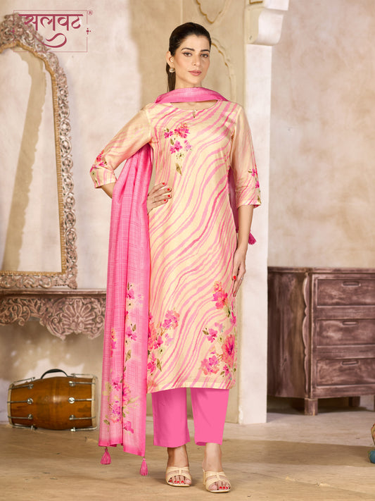 Beige Pink Viscose Kurta Set with Floral and Stripe Printed Work, Paired with Cambric Cotton Bottom and a Matching Viscose Dupatta