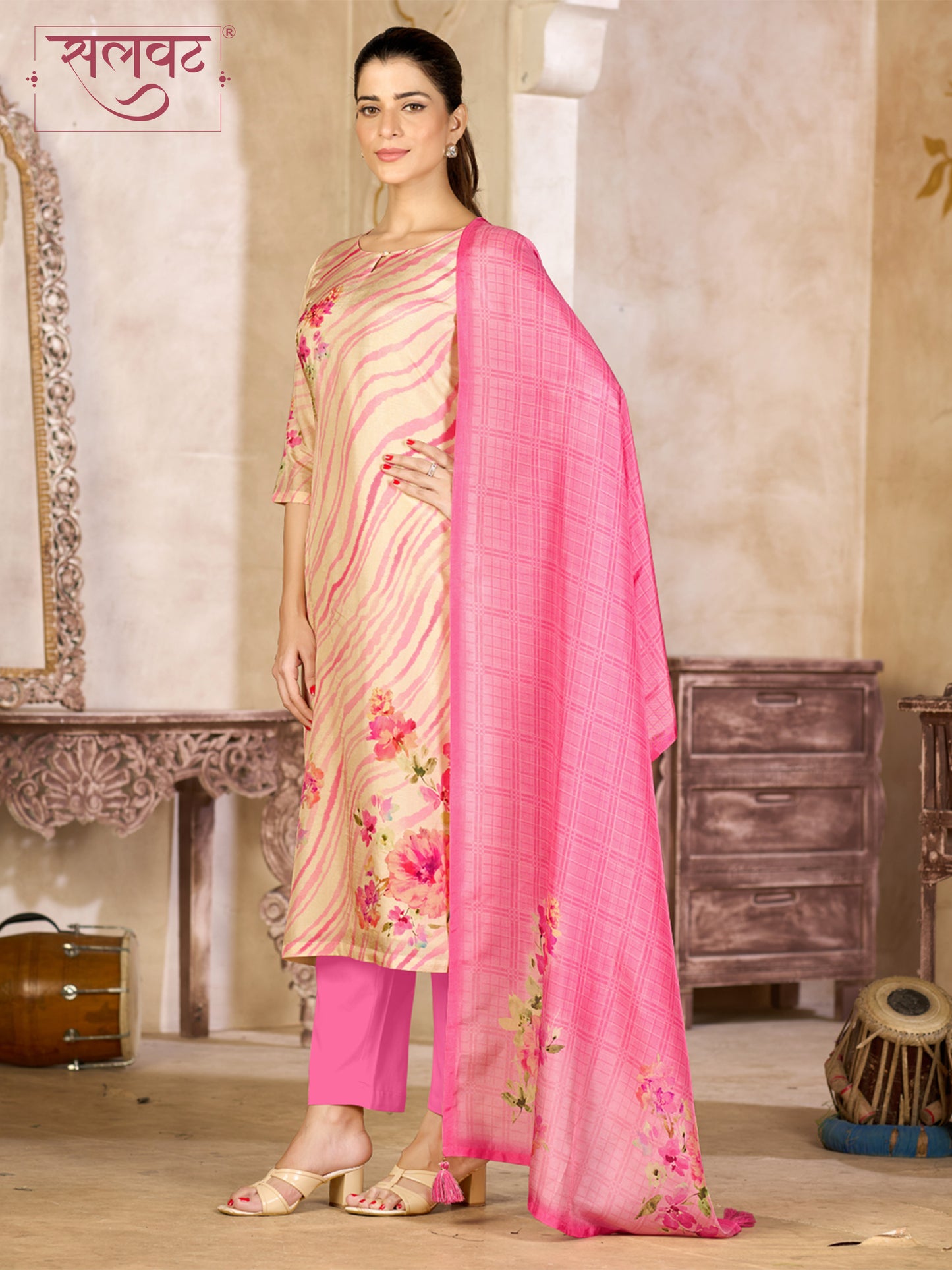 Beige Pink Viscose Kurta Set with Floral and Stripe Printed Work, Paired with Cambric Cotton Bottom and a Matching Viscose Dupatta