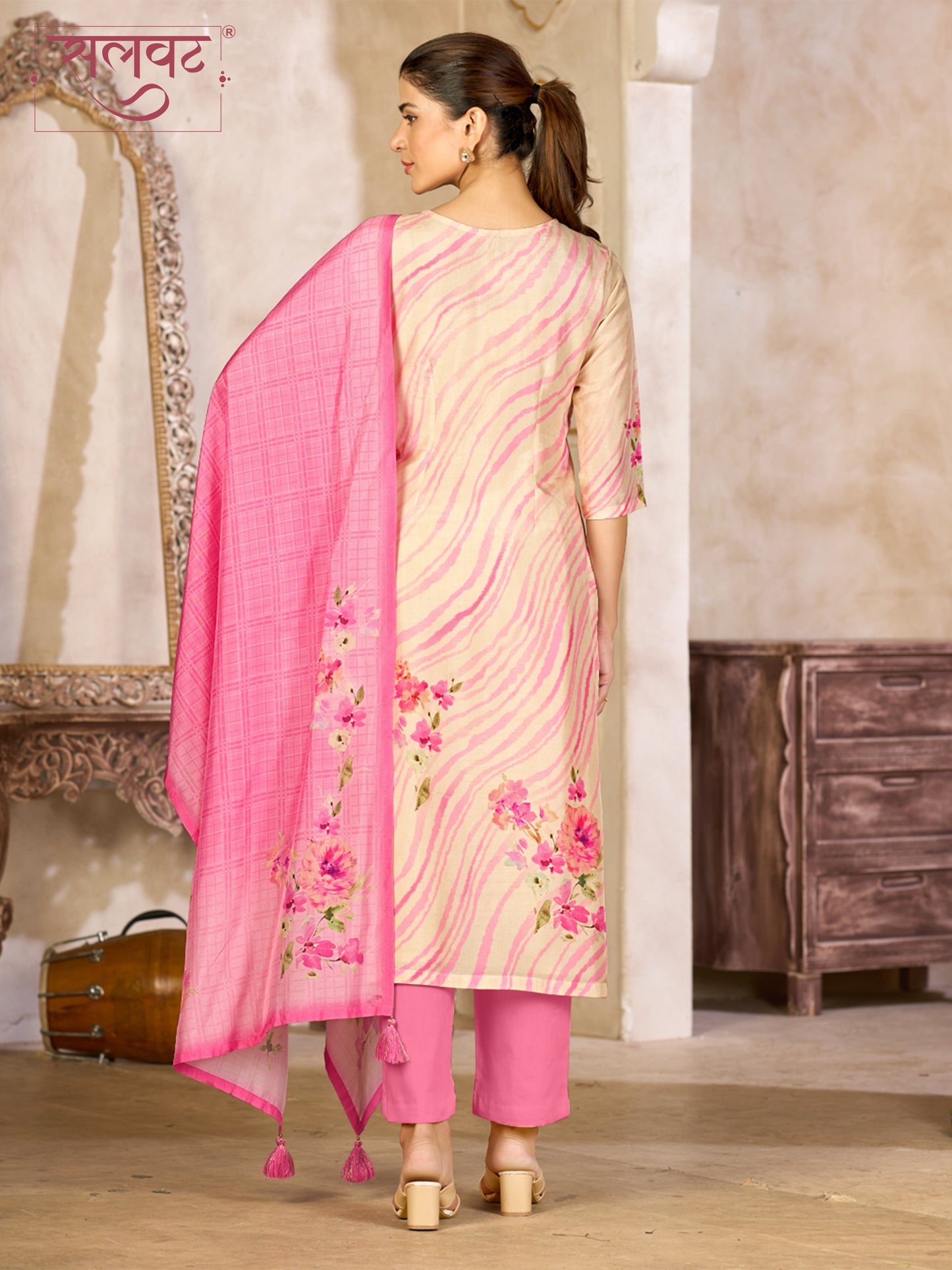 Beige Pink Viscose Kurta Set with Floral and Stripe Printed Work, Paired with Cambric Cotton Bottom and a Matching Viscose Dupatta