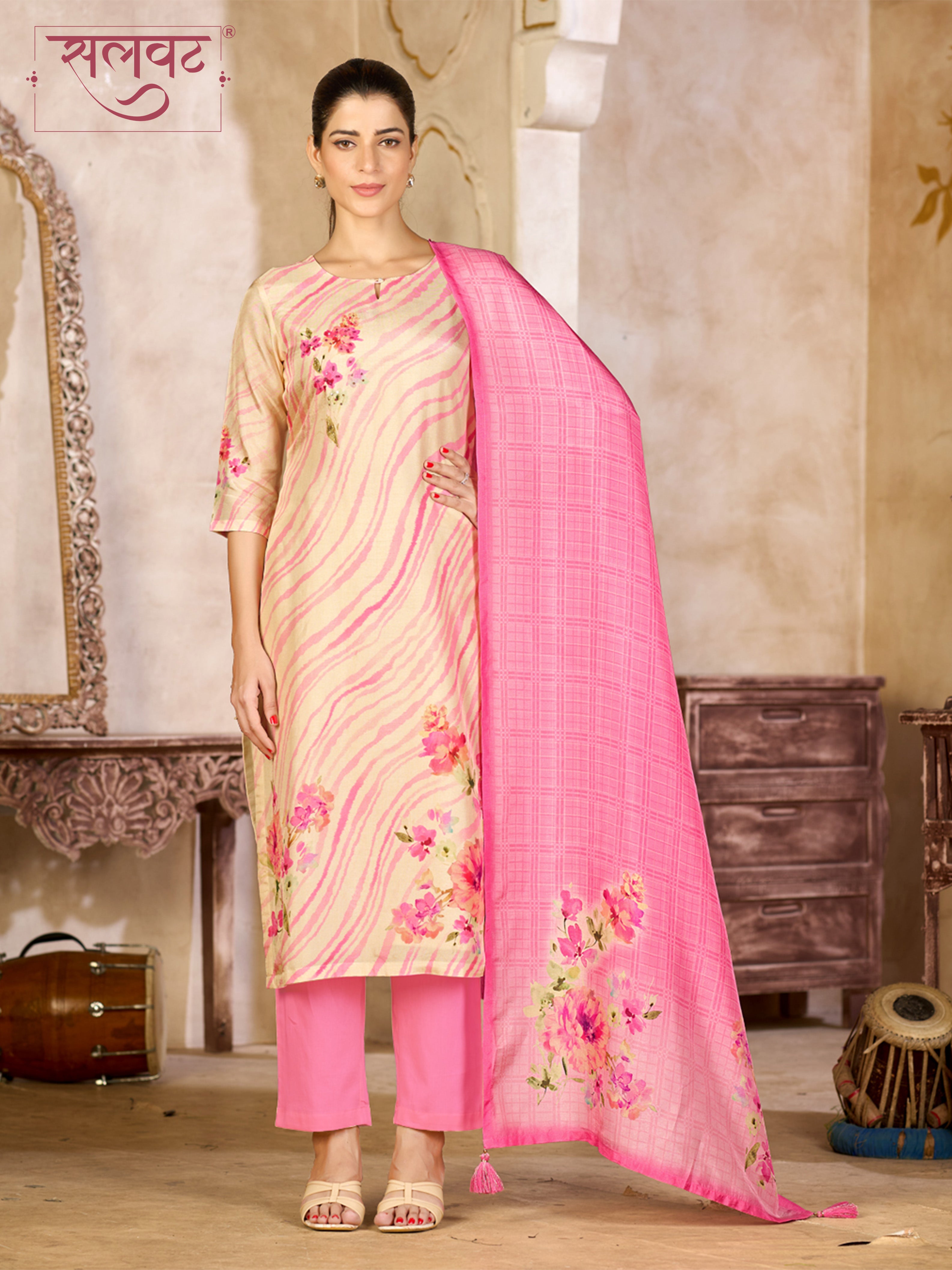 Beige Pink Viscose Kurta Set with Floral and Stripe Printed Work, Paired with Cambric Cotton Bottom and a Matching Viscose Dupatta